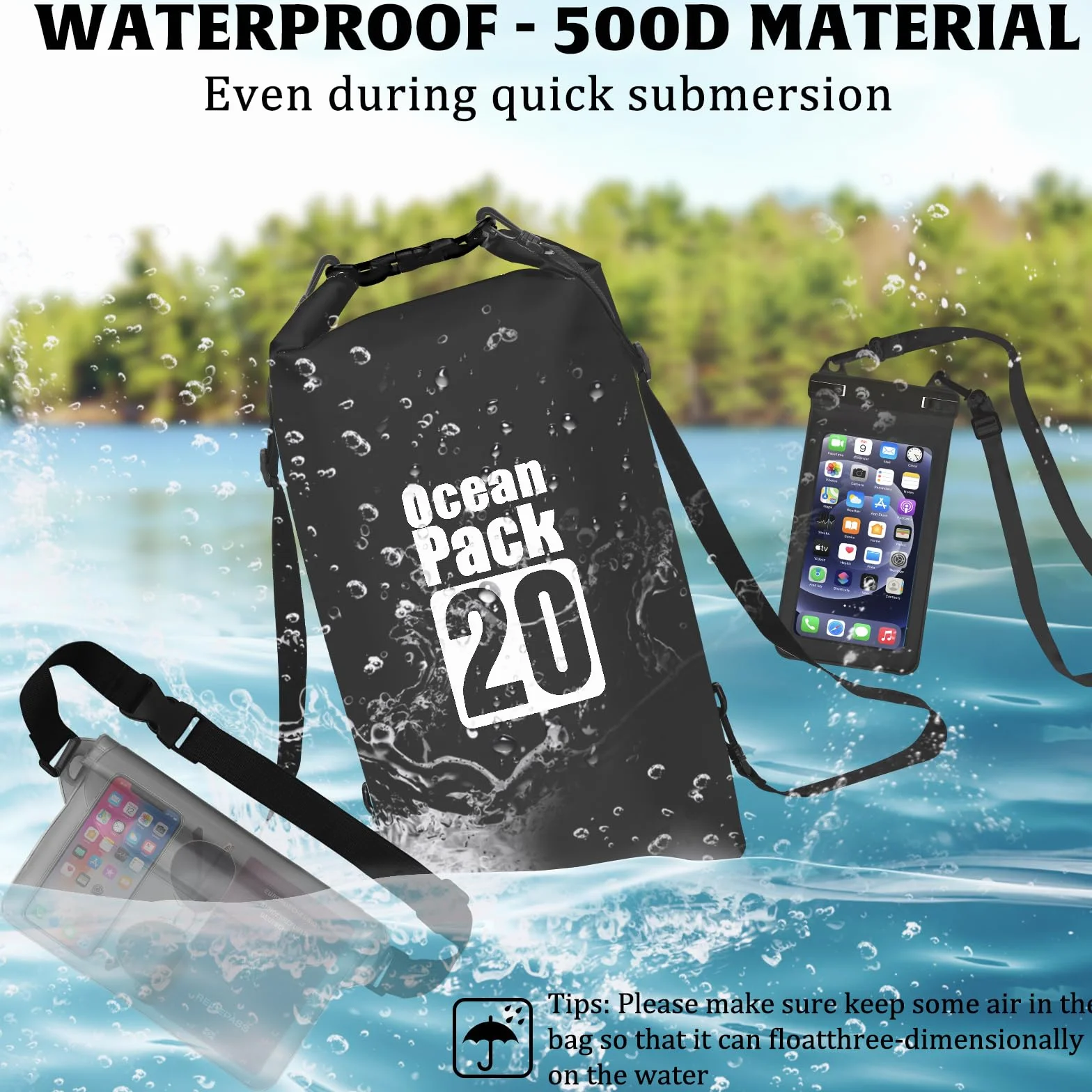 Gucass Dry Bag, 20 L Worek wodoszczelny Wodoszczelna torba regulowanym pasek na ramię, na Telefon Komórkowy, Regulowany Pasek na Ramię, na kemping, rafting, pływanie, surfowanie, Czarny