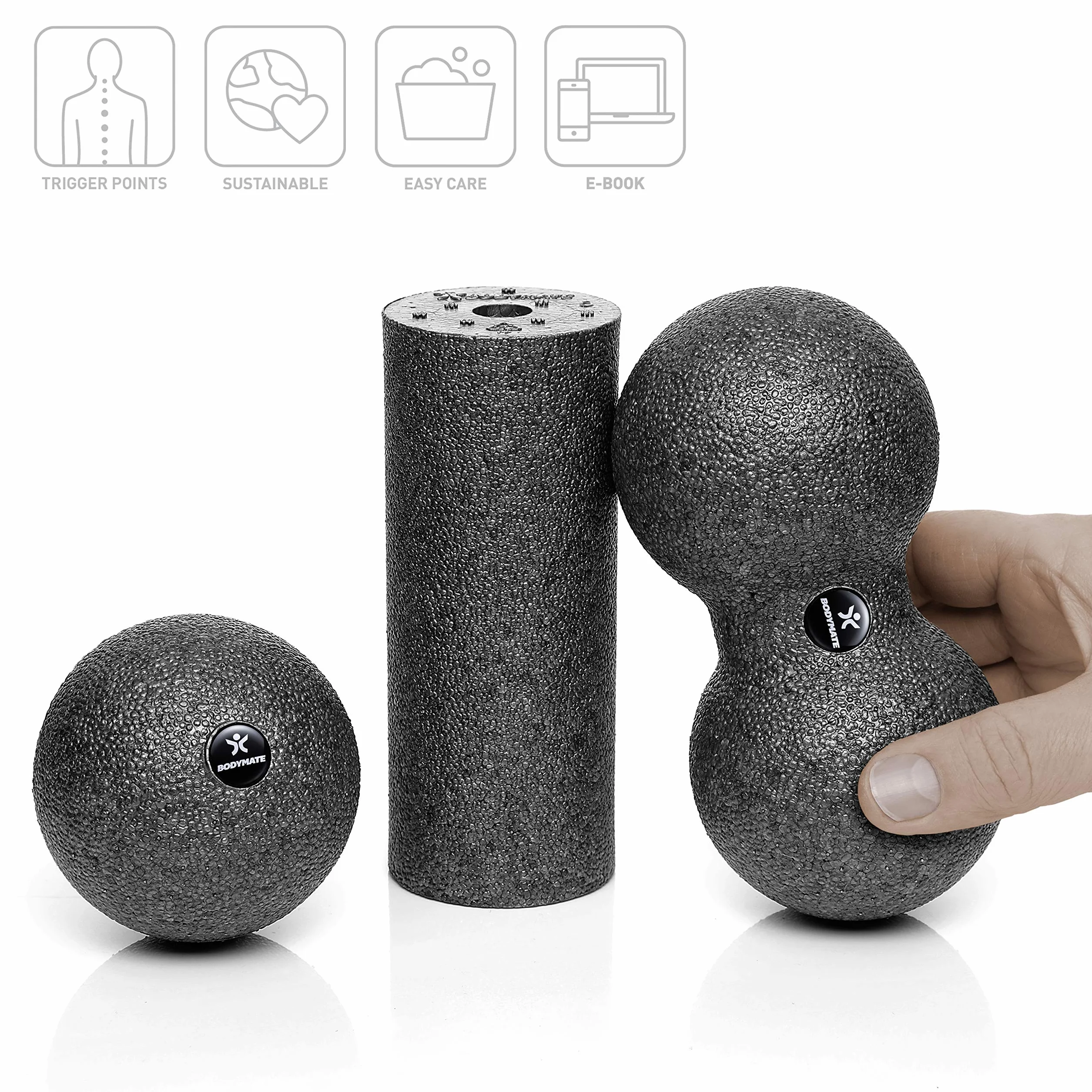 BODYMATE – minizestaw do powięzi – wałek dł. 15 cm x Ø 6 cm, piłka Ø 8 cm i piłka duo Ø 6 cm do powięzi w zestawie