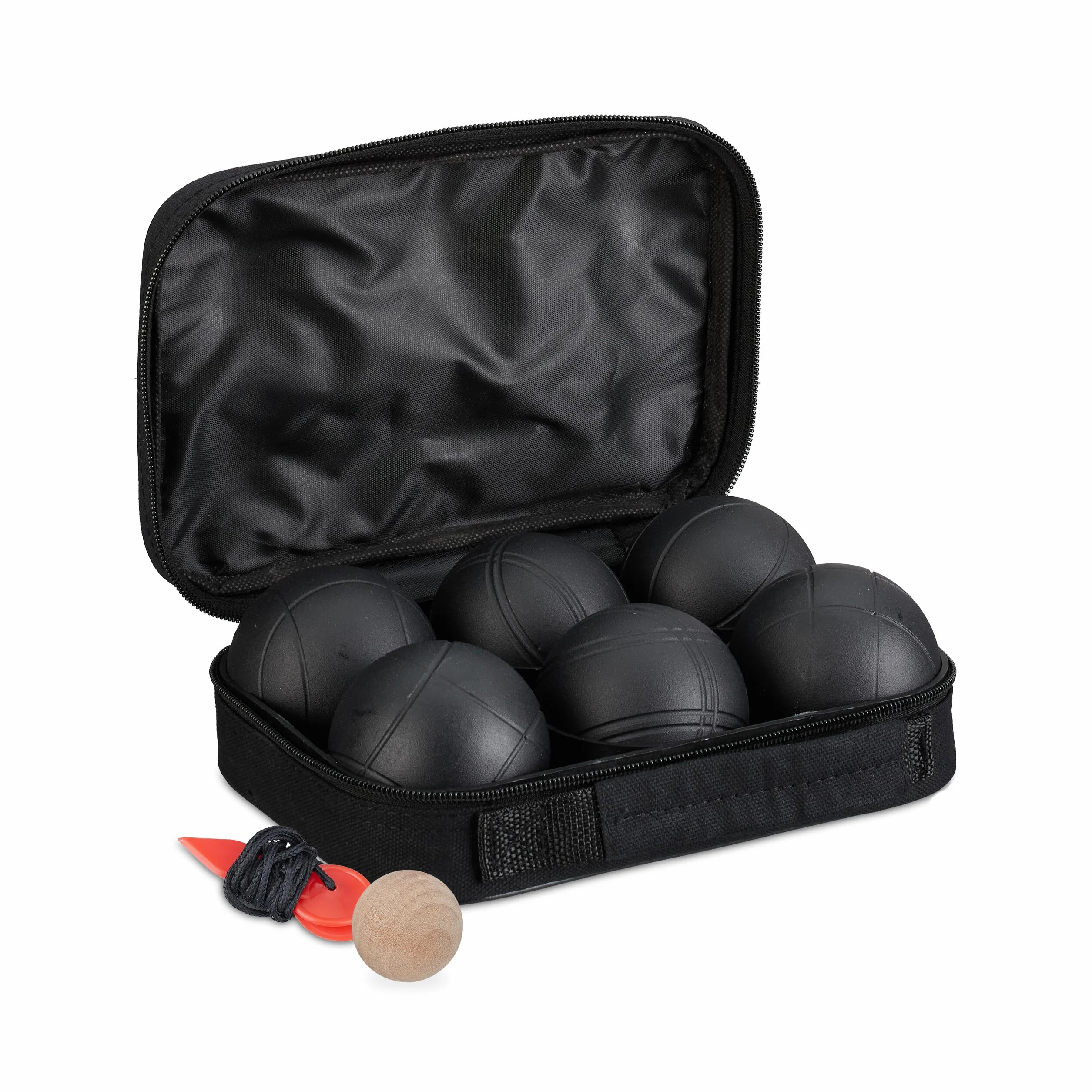 Relaxdays zestaw do gry w bocce, 6 metalowych kulek z drewnianą kulką i taśmą mierniczą, akcesoria petanque, stal, kolor czarny