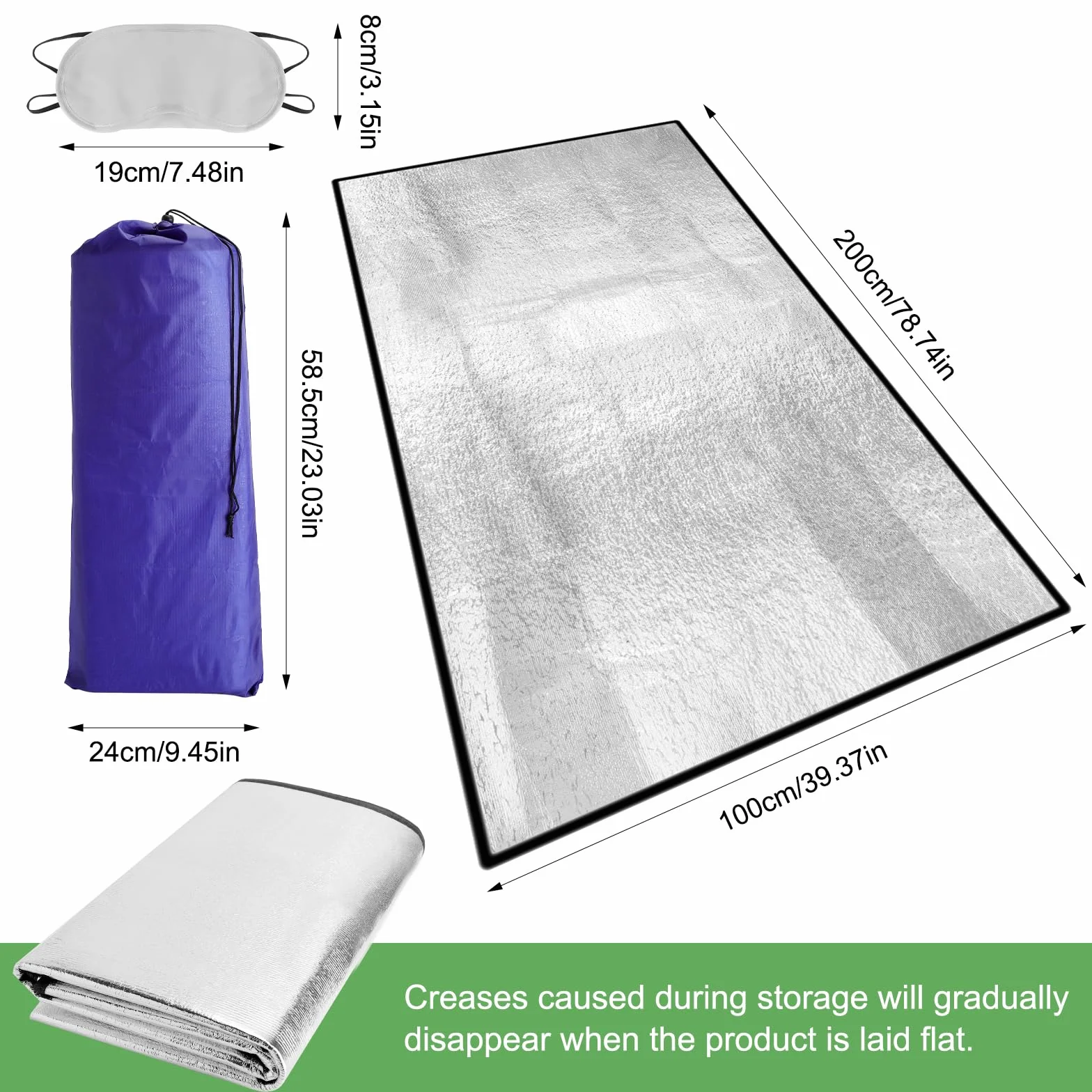 Aluminiowa karimata, mata piankowa, mata do spania, 2 x 1 m, z torbą do noszenia i maską do spania, aluminiowa karimata, składana, z kocem izolacyjnym, mata kempingowa, mata termiczna na kemping do