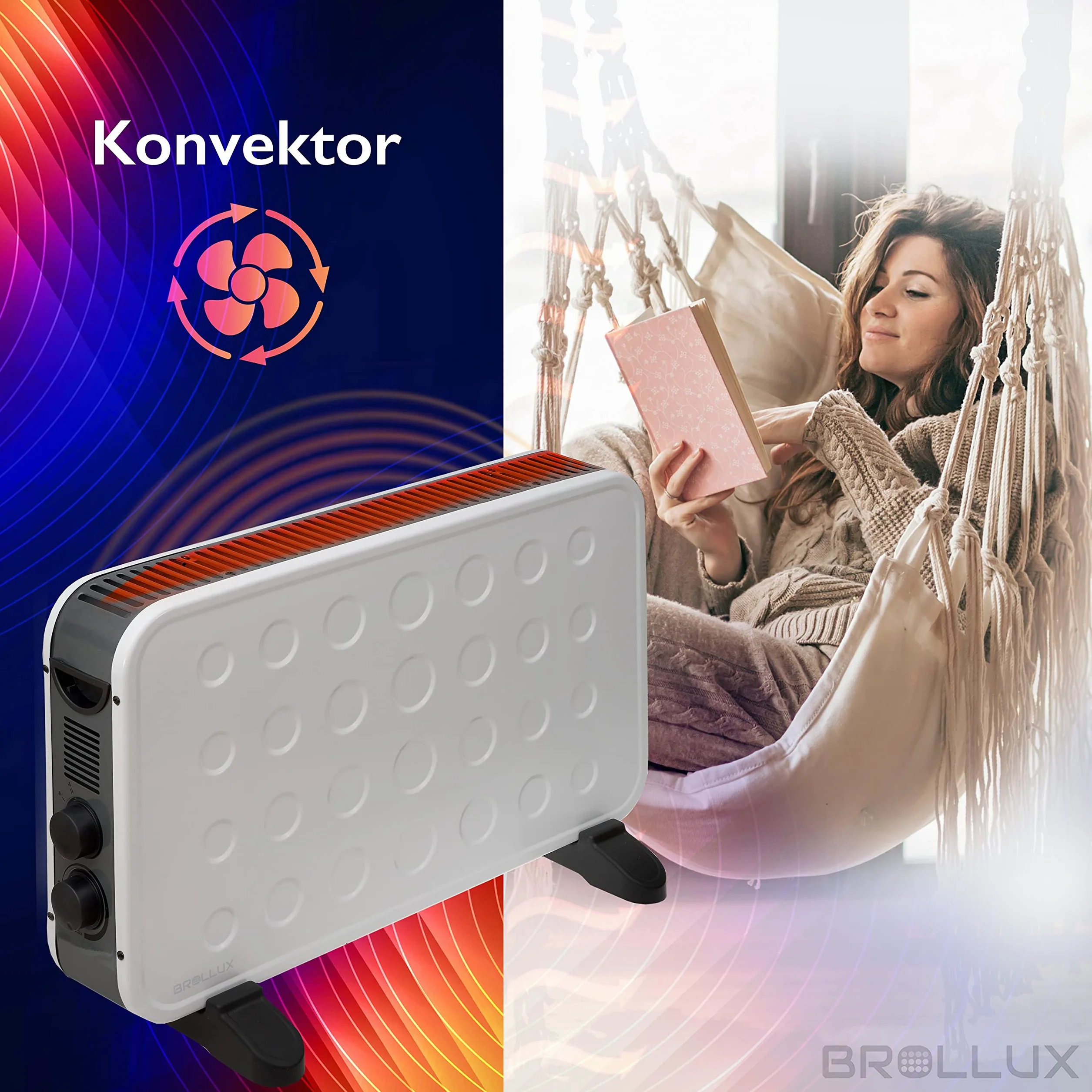 Brollux WT2K grzejnik elektryczny 2000 W z wentylatorem mobilny konwektor 2 stopnie termostatu biały turbo