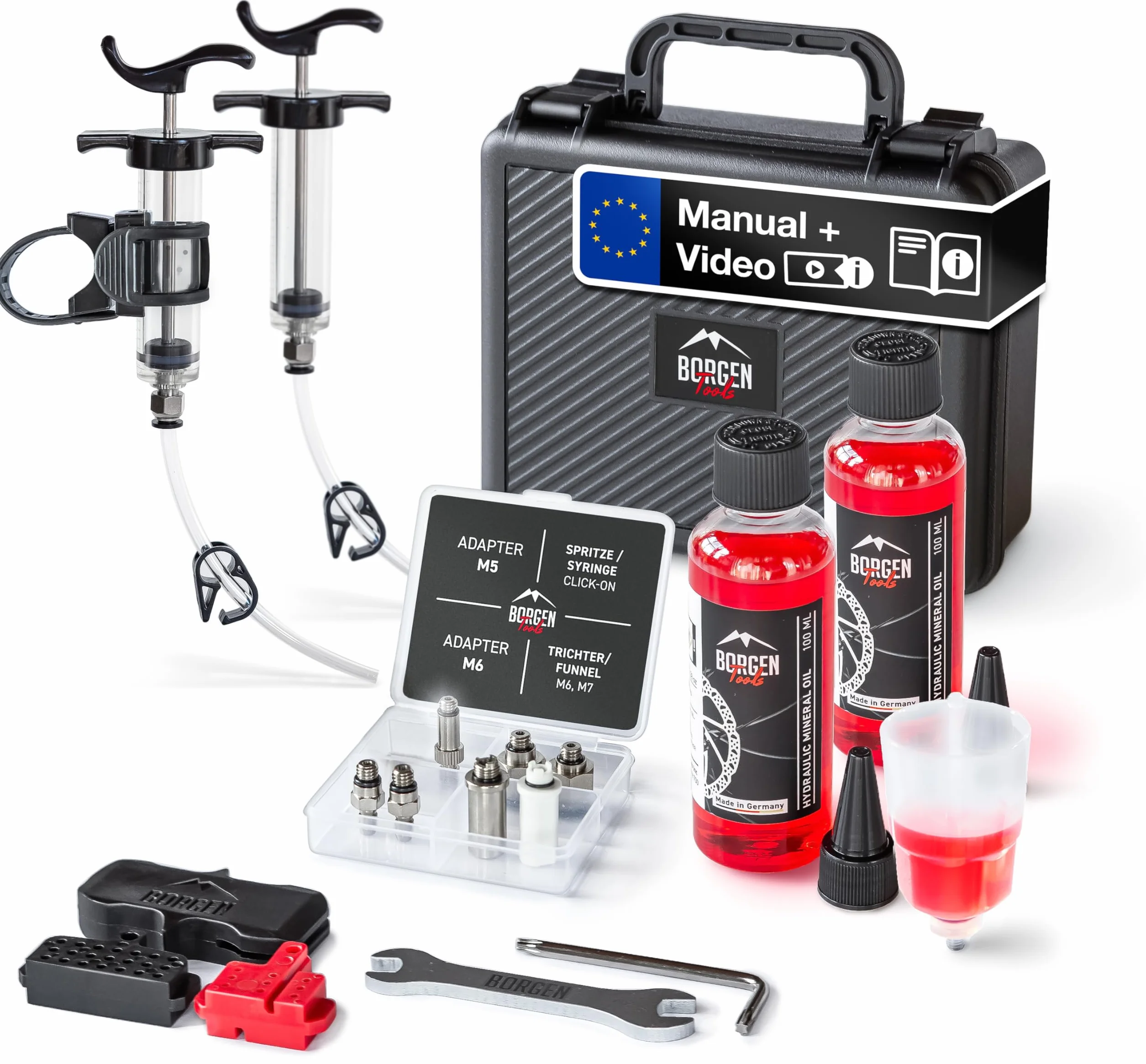 Borgen PRO Brake Bleed Kit zestaw odpowietrzający do Shimano Tektro TRP z olejem mineralnym 2× płyn hamulcowy