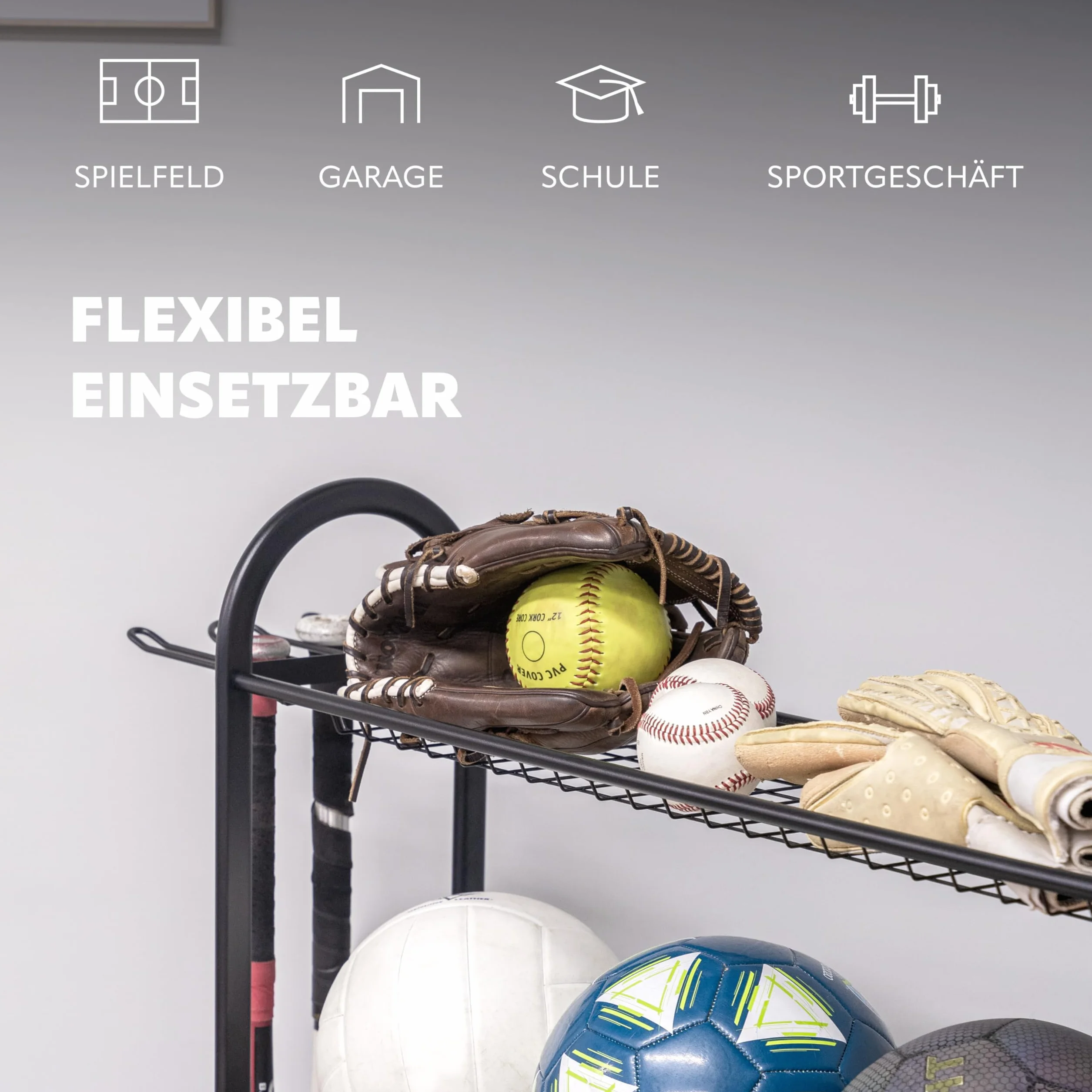 eluno Stojak do przechowywania piłki sportowej ze stabilnymi półkami, uchwytem na kije baseballowe i haczykami, do przechowywania piłek na nogi, piłek do siatkówki, piłek do koszykówki, piłek ręcznych