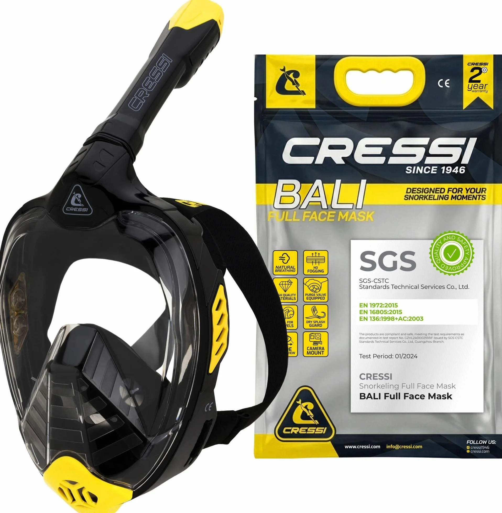 CRESSI Bali Full Face Mask - Maska pełnotwarzowa Bali oferuje duży obszar widzenia, pozwalając nurkującym docenić podwodny świat bez uczucia klaustrofobii