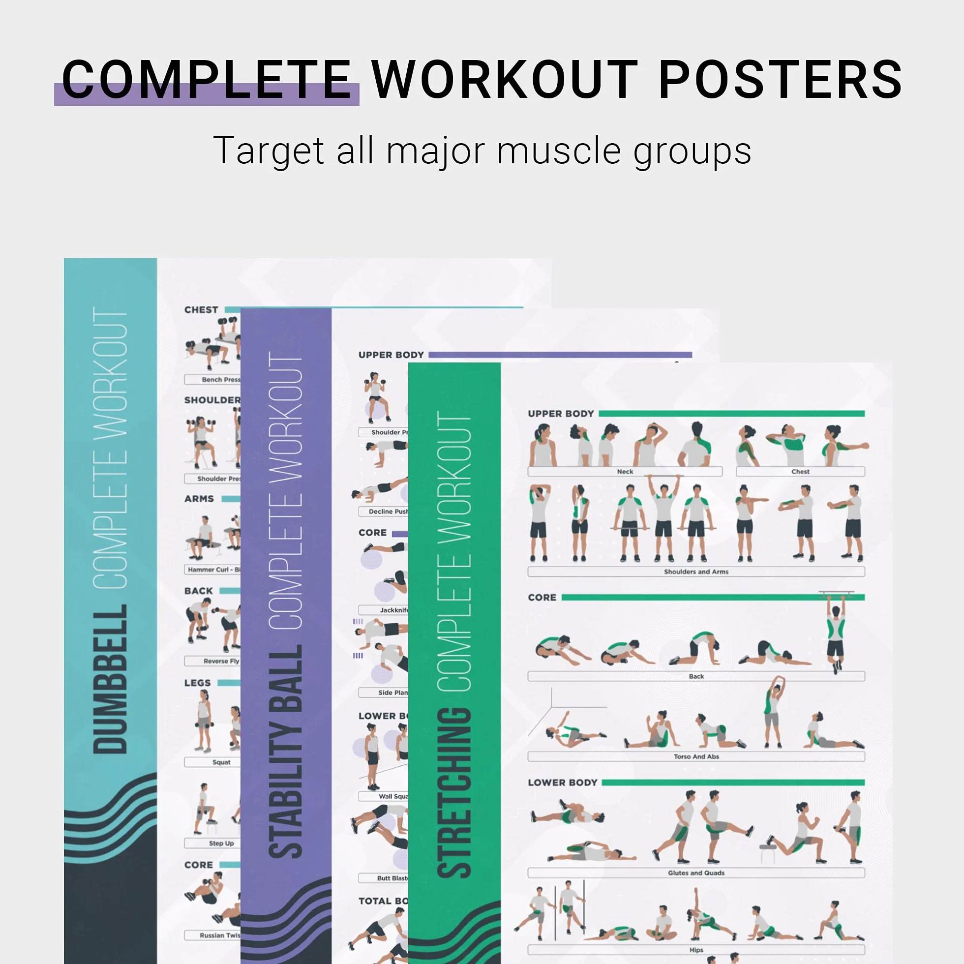PosterMate - FitMate zestaw plakatów treningowych, 8 sztuk, hantle, sztanga, kettlebell i wiele innych rutynowych treningów gimnastycznych z bezpłatnymi ciężarami (51 x 76 cm)