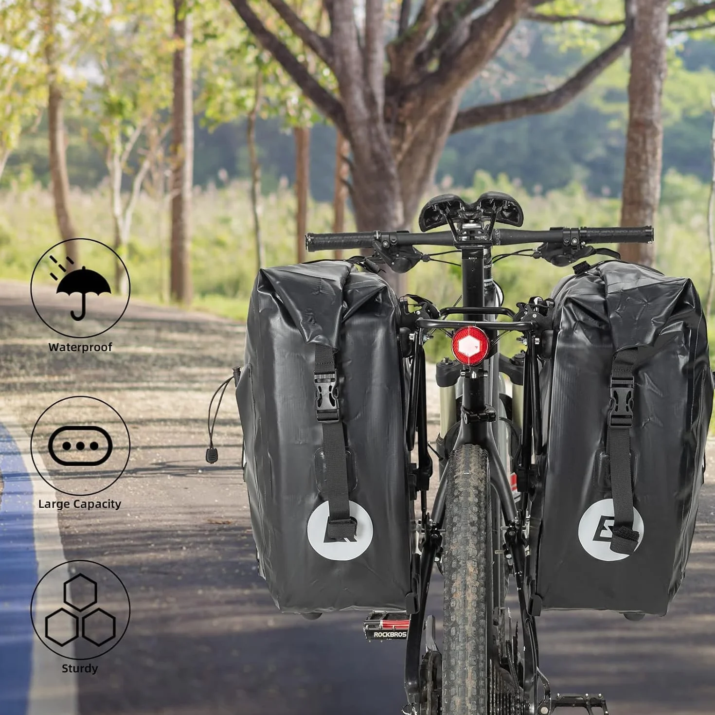 ROCKBROS Sakwa Rowerowa do Bagażnika, Duża Pojemność 25L-32L, 100% Wodoodporna, Odblaskowa, Trwała, Uniwersalna, z Regulowaną klamrą, Tylna Sakwa z Uchwytem do Przenoszenia, Wielokolorowy