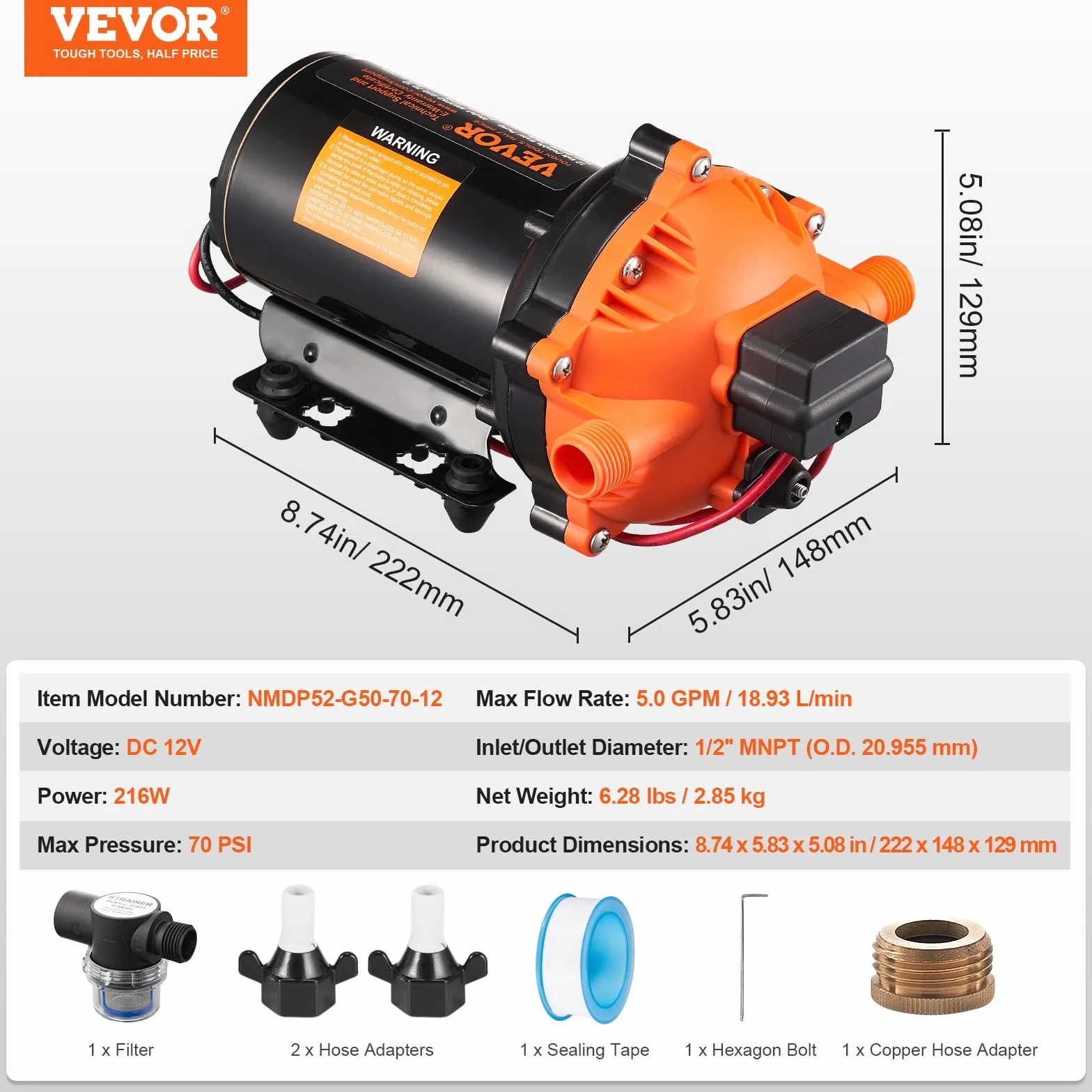 VEVOR Pompa membranowa 12 V, 5 GPM 18,93 l/min, 5-komorowa pompa wodna 12 V DC z automatycznym wyłącznikiem ciśnienia 40 – 100 PSI, 70 PSI, port MNPT do kamperów, jachtów, kamperów, kamperów, łodzi