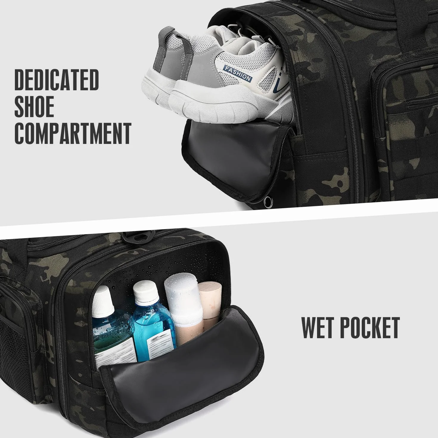 Męska taktyczna torba sportowa 50-55 l, rozciągliwa, duża torba fitness 3 w 1, wojskowa torba podróżna, Kamuflaż, 68.5 cm x 26.5 cm x 30.5 cm, podróże, siłownia, sport, kemping, weekend