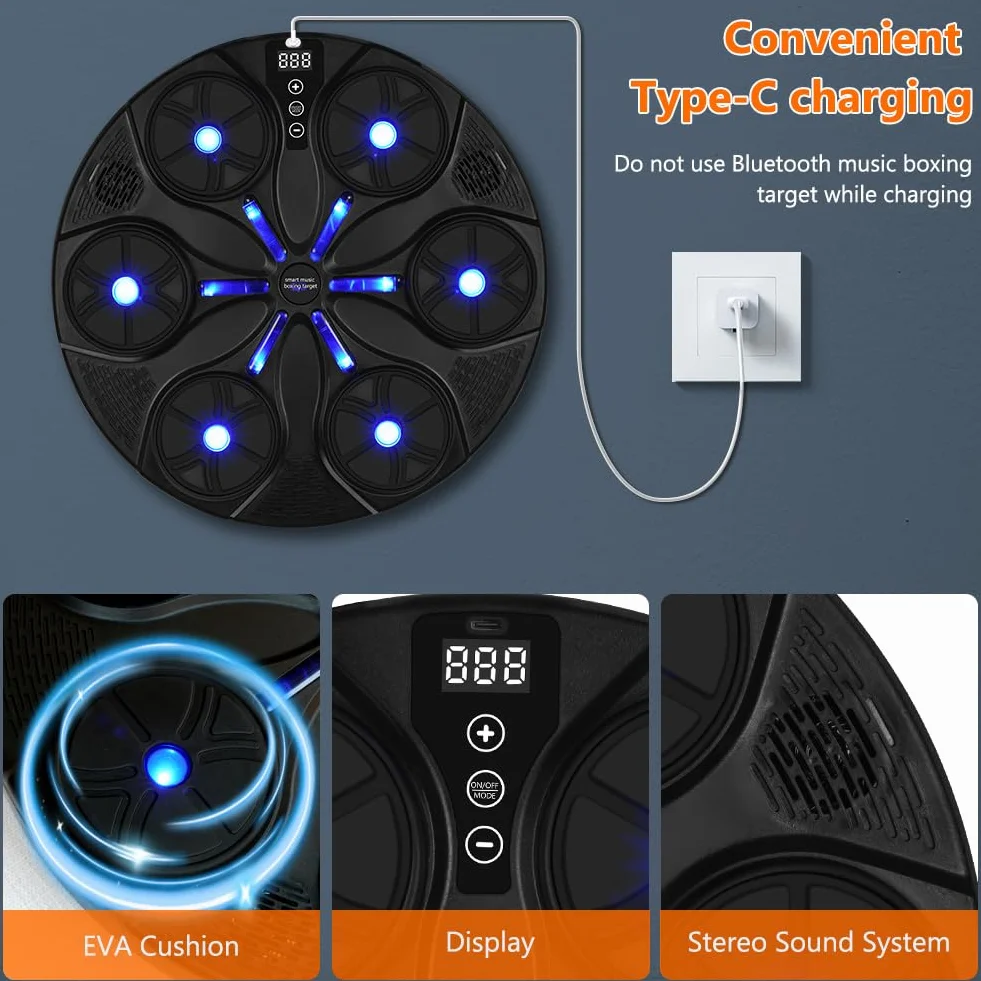 HOTUT Muzyczna Maszyna Bokserska LED na Ścianę z Rękawicami Bezprzewodowy Bluetooth Trening
