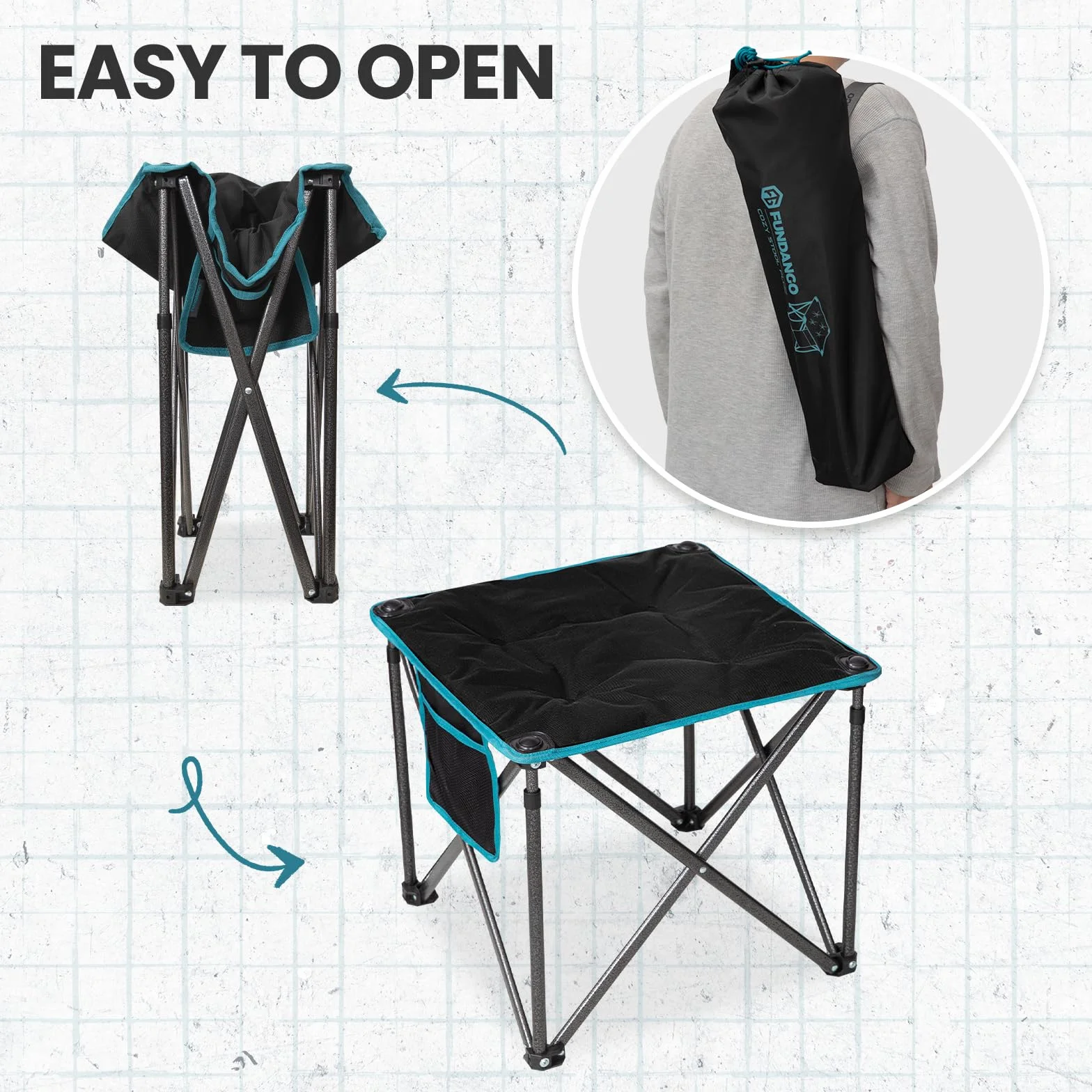 FUNDANGO Oversized składany taboret kempingowy, 46 cm, 180 kg, podnóżek z torbą do przenoszenia, składany taboret na kemping, wędrówki, wędkowanie, czarny