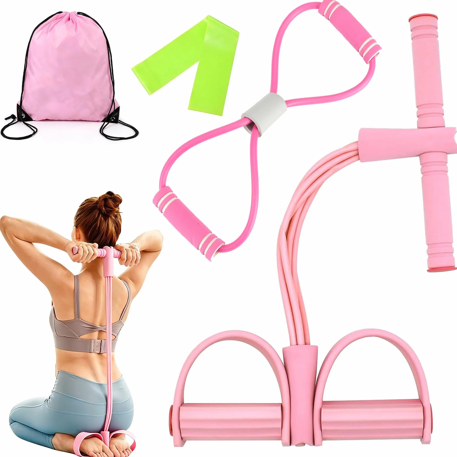 4-częściowy zestaw taśm oporowych na pedały, trener brzucha, ekspander fitness, 8 tubek, elastyczna linka do ciągnięcia, 8 taśm oporowych i taśm fitness, do jogi, treningu siłowego, mięśni