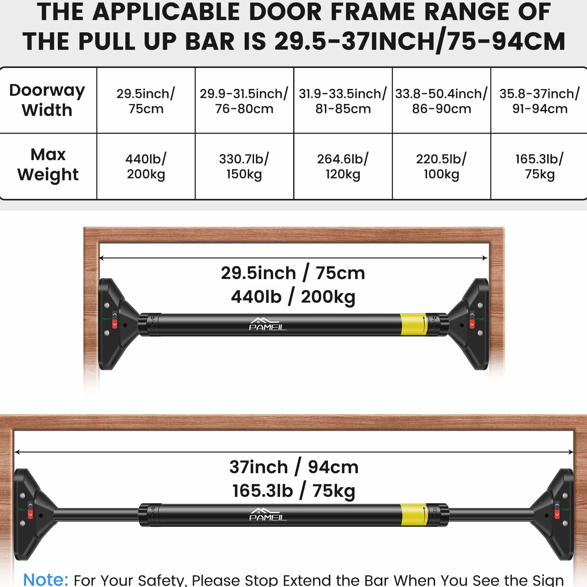 Pameil Drążek do podciągania drzwi, bez śrub, rama drzwi, podbródek, push-up, regulowany 75-94 cm, do 200 kg, drążek treningowy