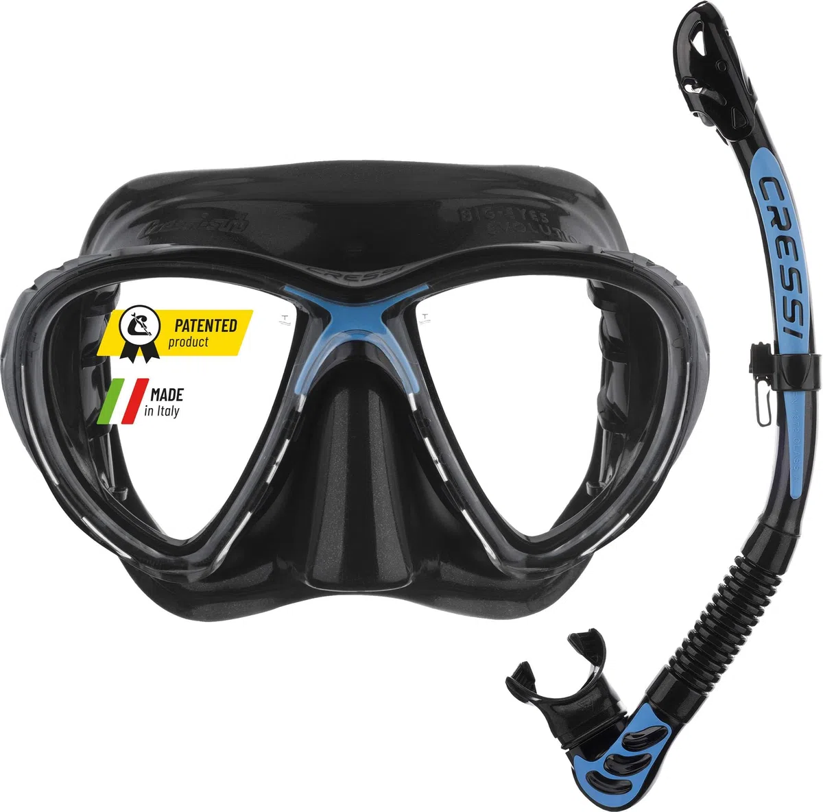 Cressi Big Eyes Evolution Mask & Alpha Ultra Dry Snorkel - Zestaw Combo do Nurkowania i Snorkelingu, Jeden rozmiar, Dorosły Unisex