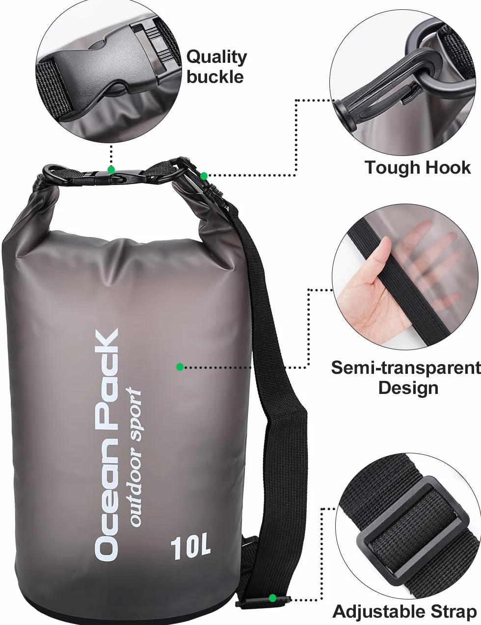 Worek wodoszczelny, 20L 10L 5L 2L Wodoszczelny plecak z paskiem na ramię i wodoodpornym etui na telefon, Pływanie, Kąpiel, Plaża, Kajak, Stand Up Paddling, Nurkowanie, czarny, 10l, moda