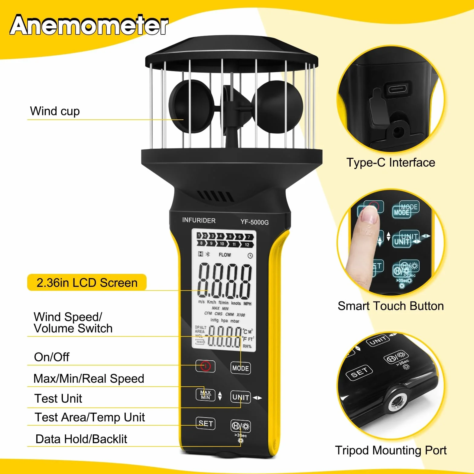 Anemometr INFURIDER, przenośny anemometr z przyciskiem dotykowym zapobiegającym kurzowi, akumulatorowy miernik wiatru, miernik CFM, anemometr prędkości do pomiaru siły wiatru, zimna, temperatury
