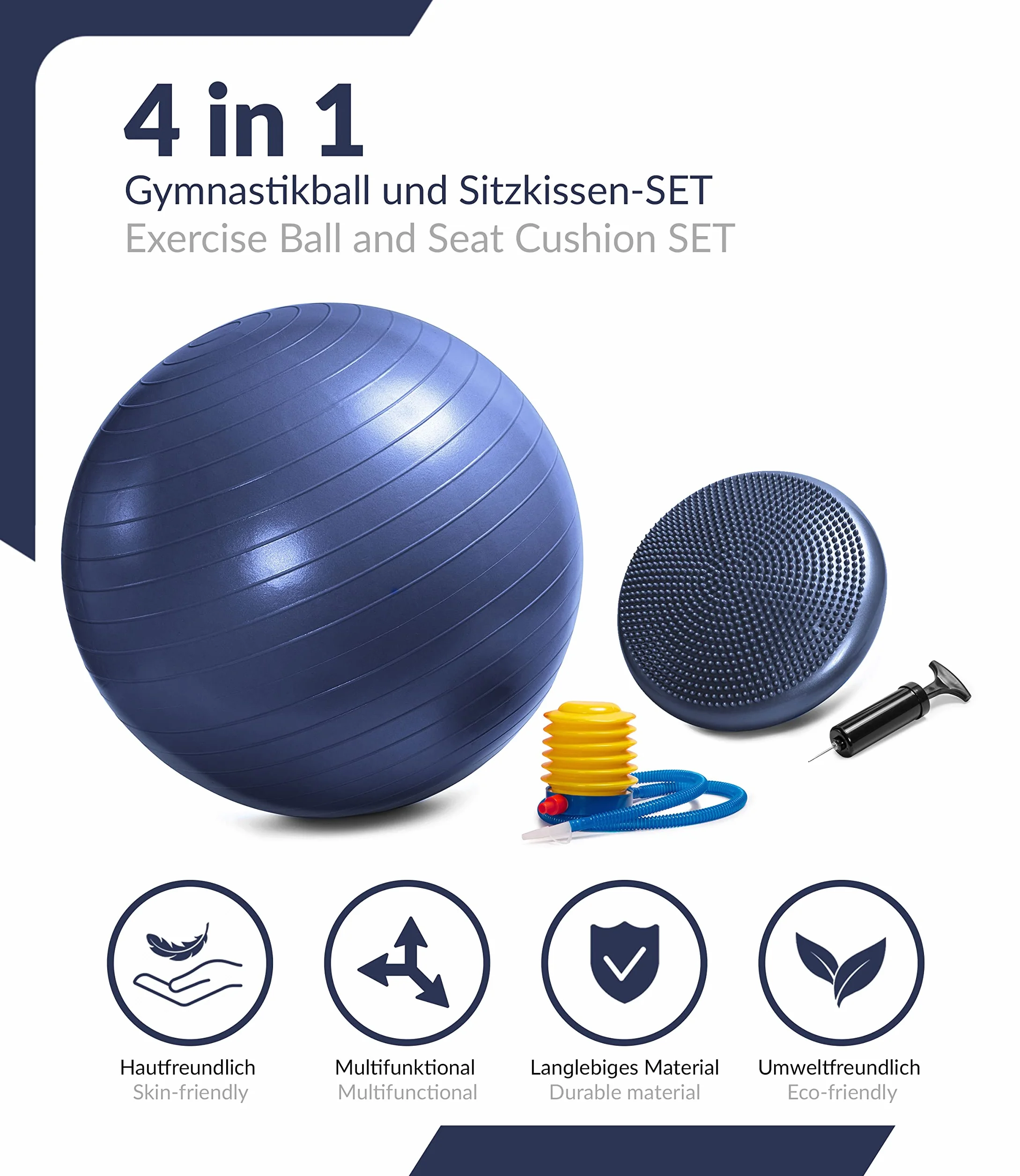 Piłka do Ćwiczeń (65cm) i Poduszka Równoważna (33cm) Firmy C4B, Z Pompką Ręczną, Poduszka Sensomotoryczna z Wgłębieniami, Piłka Fitness, Trening Mięśni Pleców, Joga, etc., Wzmocnienie Pleców