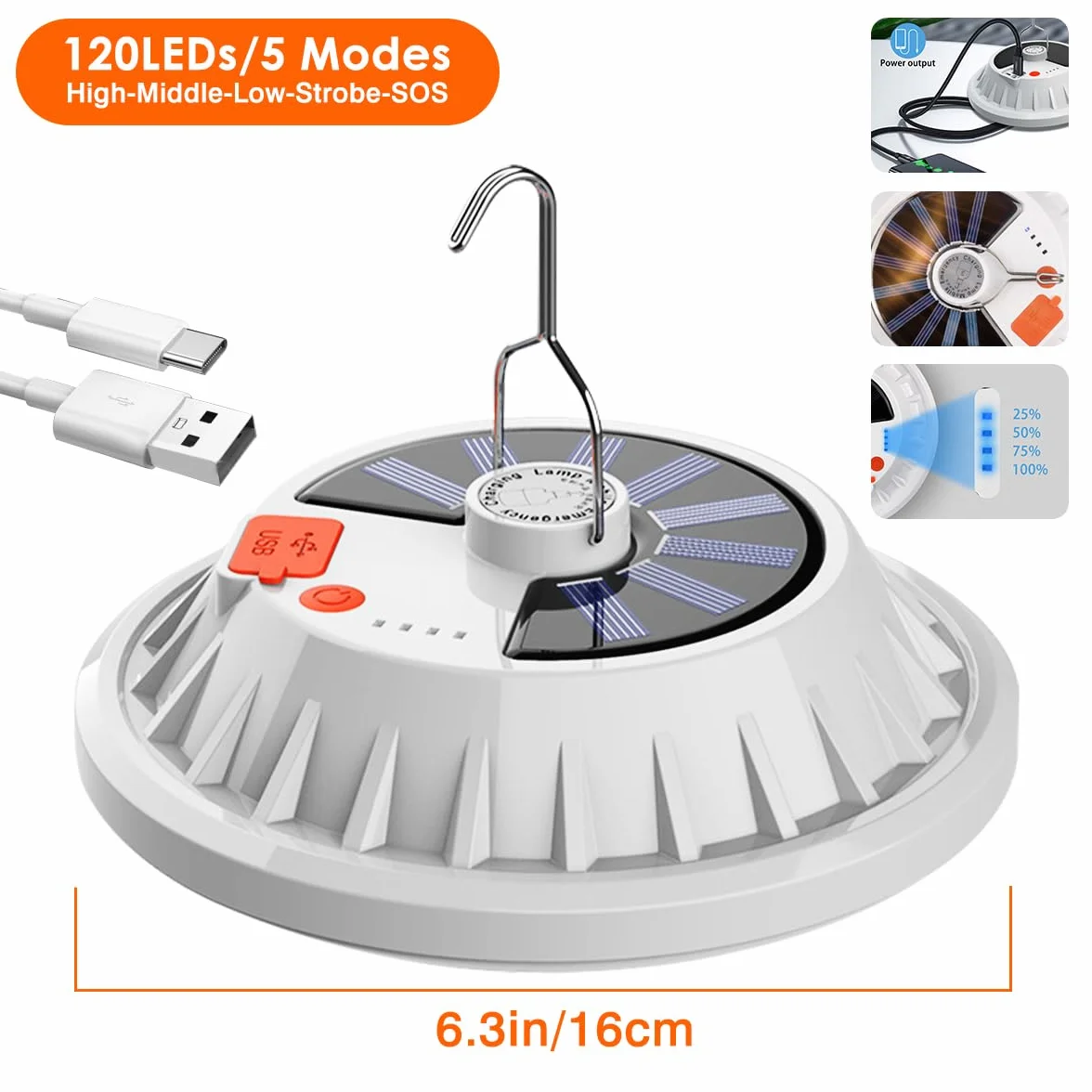 120 Solar Camping Lampa akumulatorowa z pilotem, USB Akumulator LED Lampa kempingowa, Power Bank, 5 trybów IPX7, wodoodporna lampa kempingowa do oświetlenia namiotu