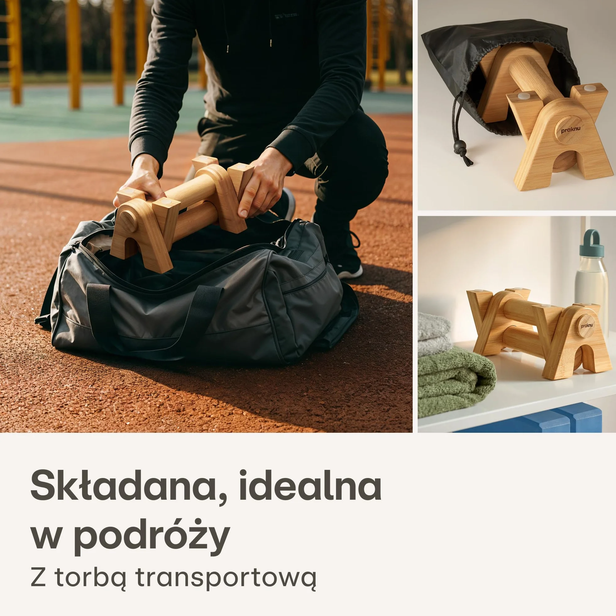 Praknu Bambusowe Uchwyty do Pomp - 2x Ergonomiczne & Antypoślizgowe Parallettes z Torbą - Uchwyty do Pomp dla Calisthenics, Handstandów i Pomp - Sprzęt Treningowy do Użytku Wewnętrznego i Zewnętrznego
