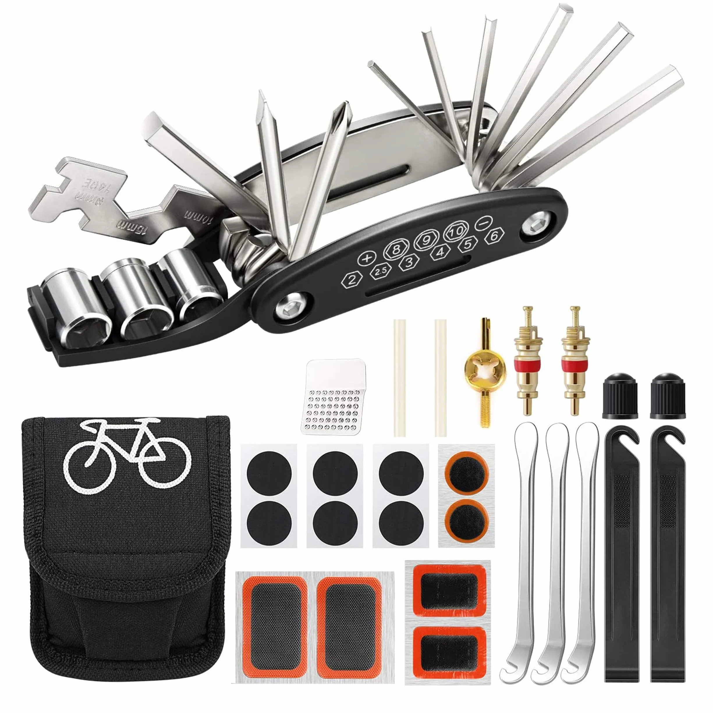 Zestaw naprawczy do opon rowerowych, 16 w 1, zestaw naprawczy do dętek rowerowych, metalowy podnośnik do opon dla rowerzystów, motocykli, pojazdów terenowych, nadmuchiwana guma