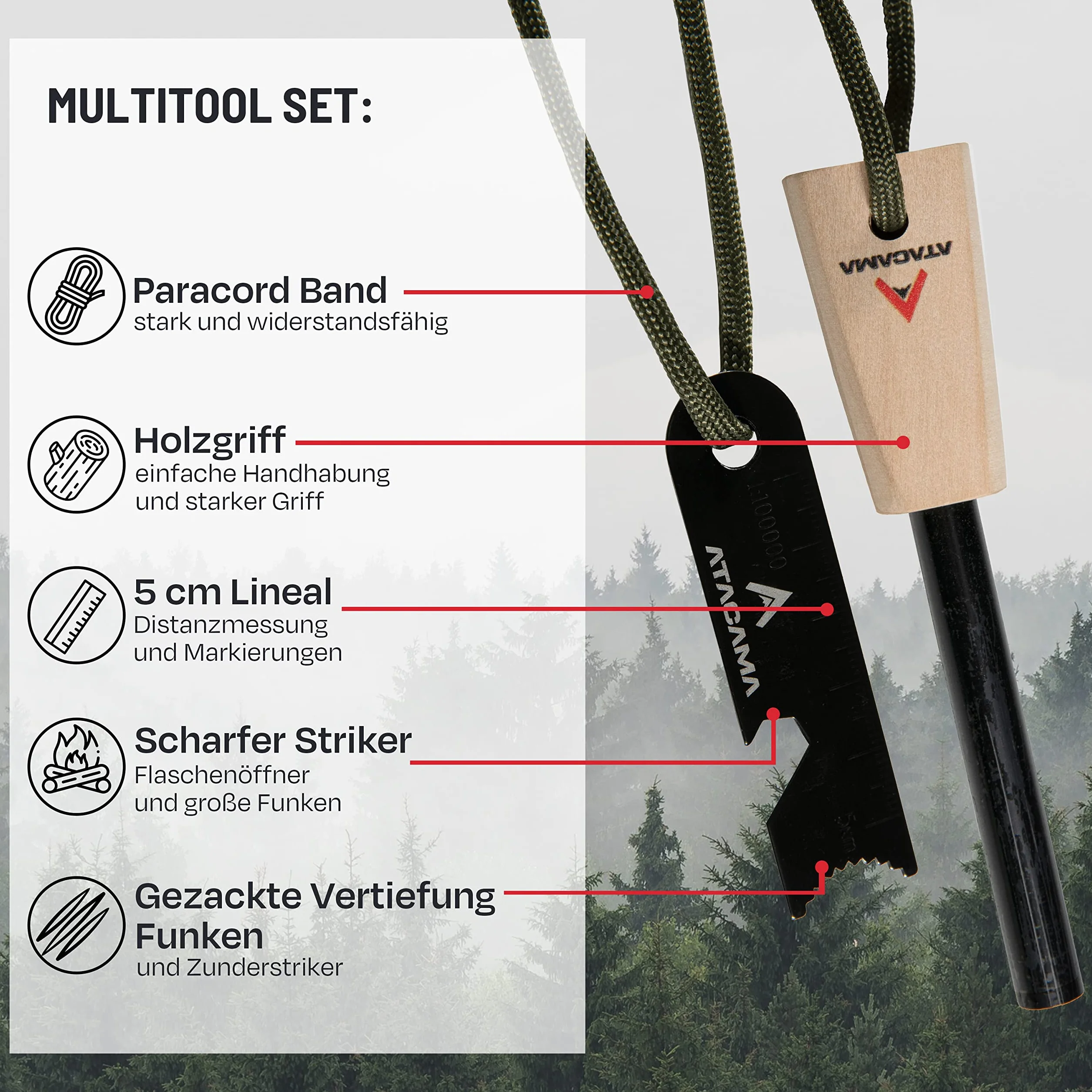 Atacama Krzesiwo survivalowe zestaw z narzędziem wielofunkcyjnym, krzesiwo Kienspan Tinder, dmuchawka i krzesiwo - wyposażenie outdoorowe i wyposażenie bushcraft - Firestarter - wieczna zapałka