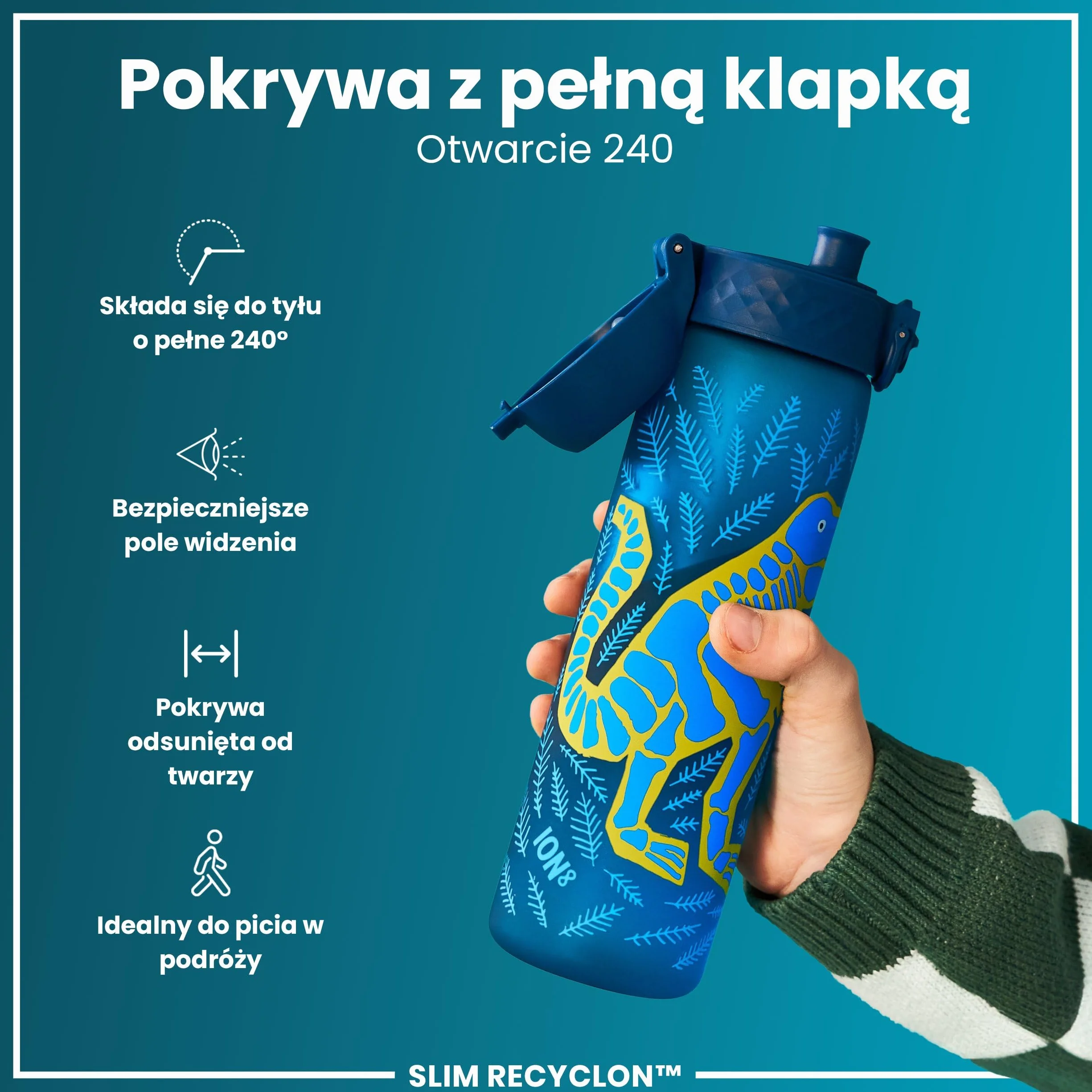 ION8 Butelka na Wodę, 500 ml/18 oz, Szczelna, Łatwe Otwieranie, Bezpieczny Zamek, Można Myć w Zmywarce, Bez BPA, Higieniczne Pokrycie, Uchwyt do Przenoszenia, Łatwa Czyszczenie, Bezwonny, Dinozaury