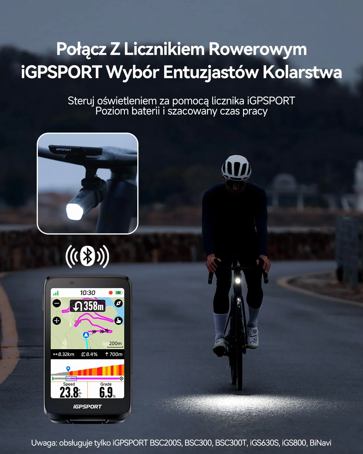 iGPSPORT VS1200S Ładowalna Lampka Rowerowa 1200 LM, Konstrukcja Antymgłowa, Wskaźnik Baterii, Ładowanie USB