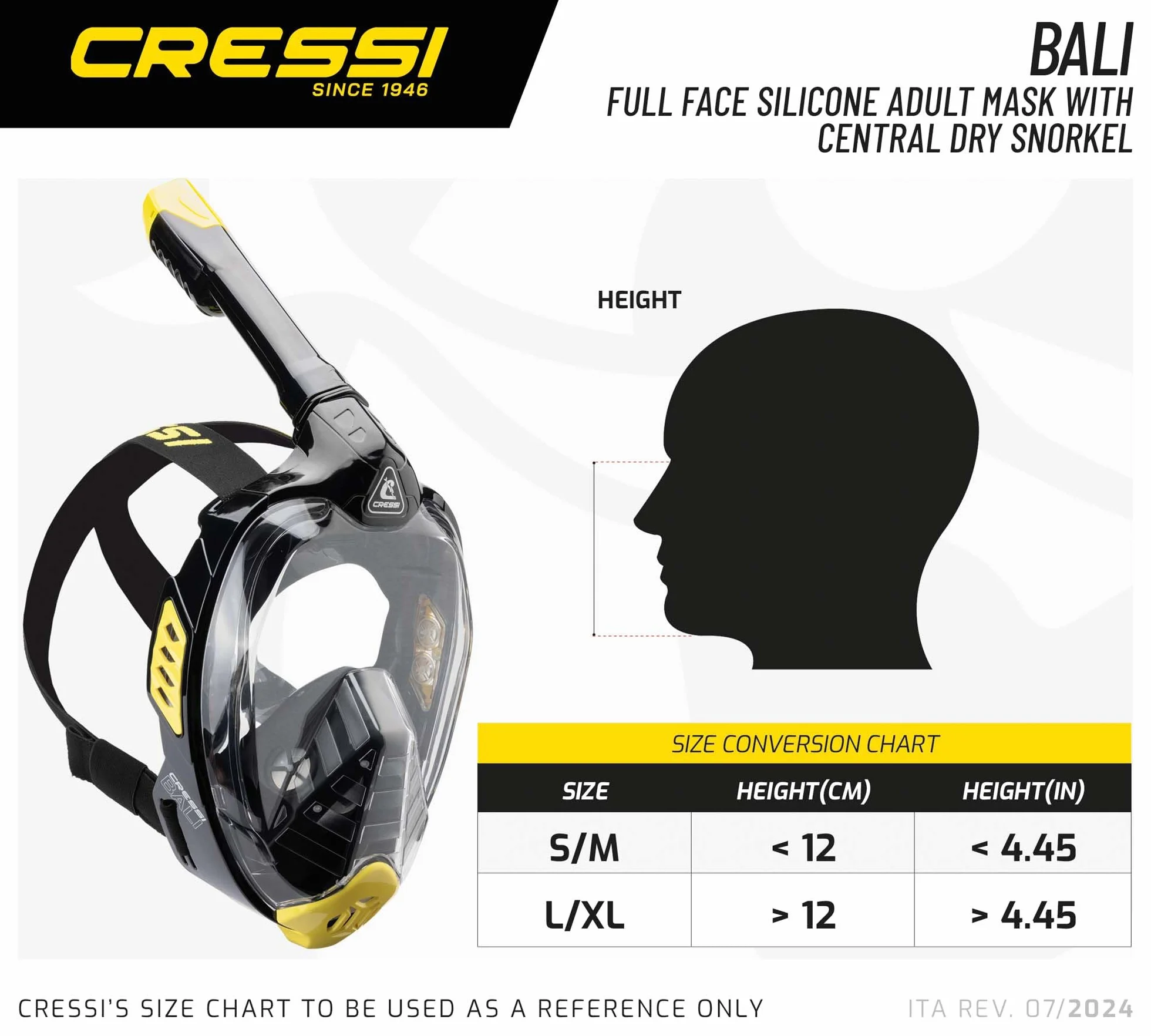 CRESSI Bali Full Face Mask - Maska pełnotwarzowa Bali oferuje duży obszar widzenia, pozwalając nurkującym docenić podwodny świat bez uczucia klaustrofobii