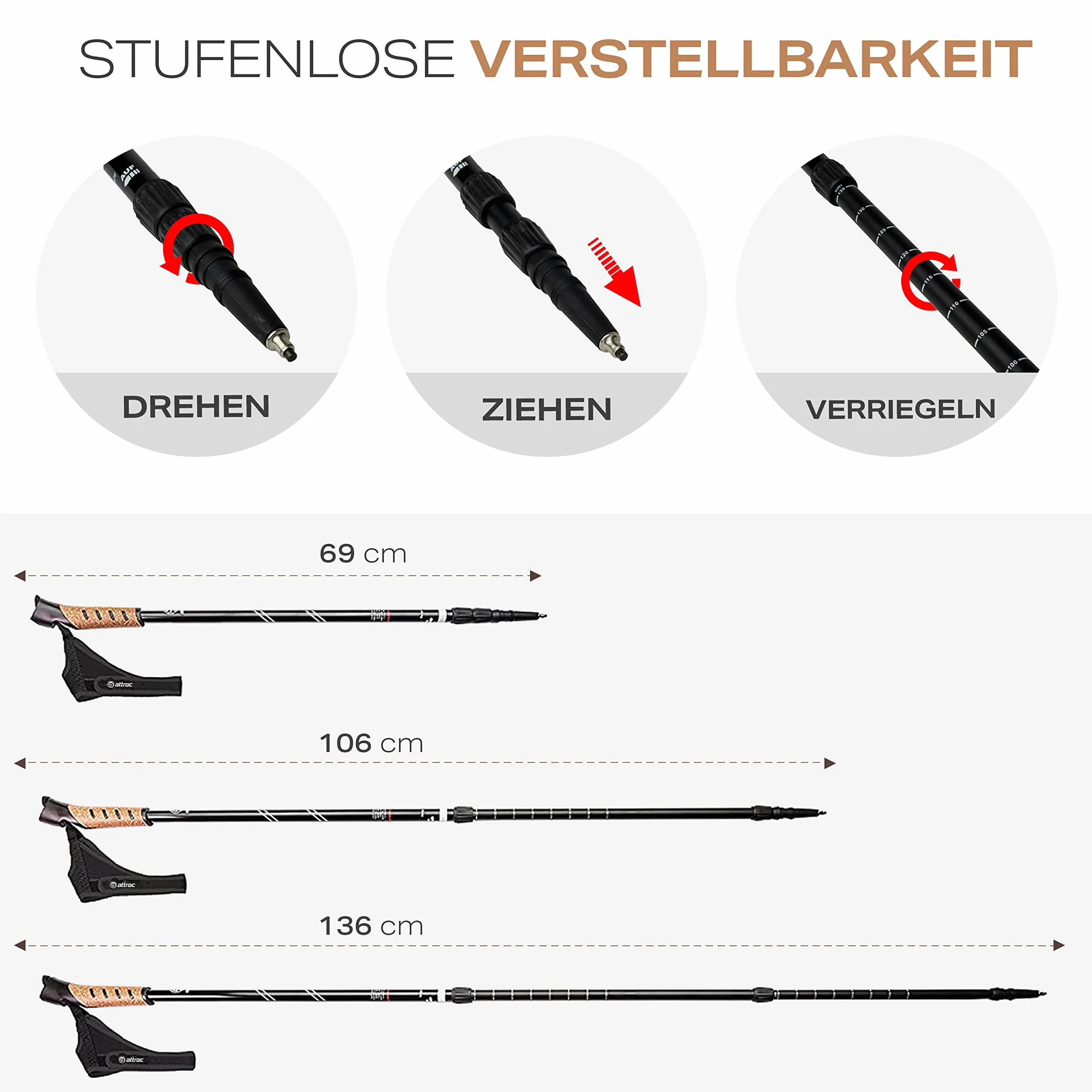 Attrac Nordic Walking Classic kijki trekkingowe 69-136 cm aluminiowe amortyzacja Anti-Shock teleskopowe regulowane torba