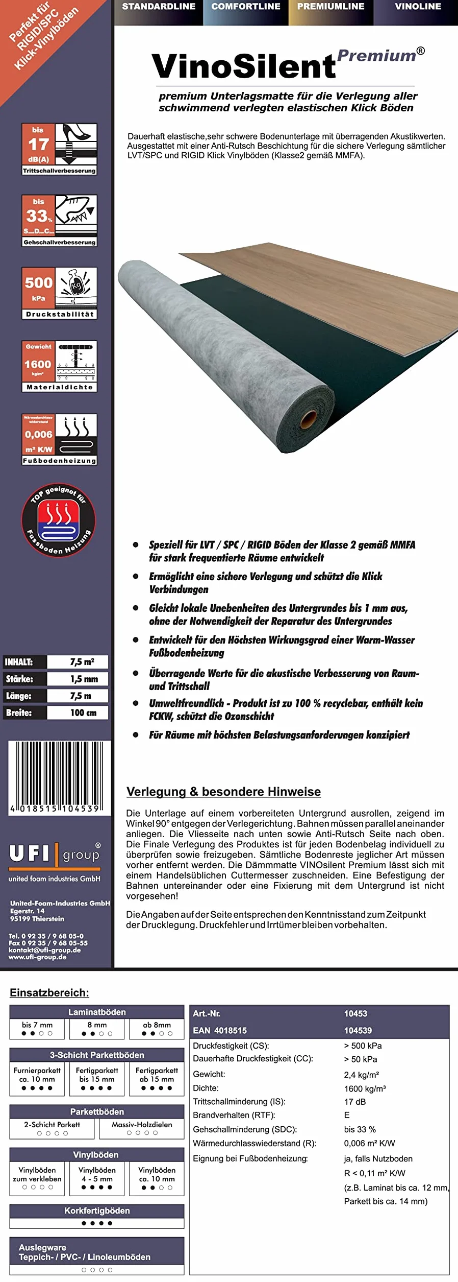 Uficell Vinosilent Premium winylowa izolacja akustyczna 1,5 mm 20 m² podkładka antypoślizgowa do podłóg winylowych LVT