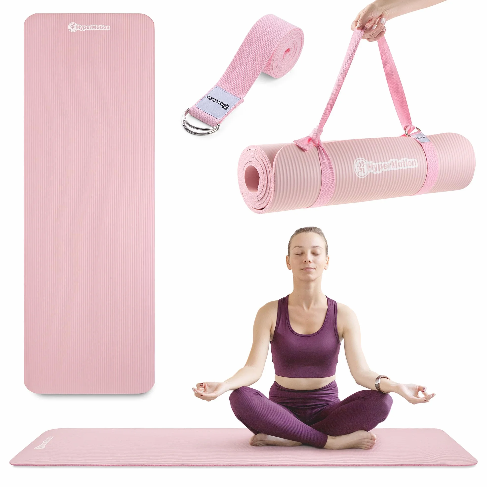 HyperMotion Mata do Ćwiczeń Fitness i Jogi NBR 183x61x0,8 cm Różowa, Antypoślizgowa, 8 mm, z Paskiem do Ćwiczeń i Przenoszenia, do Jogi, Pilatesu i Stretchingu