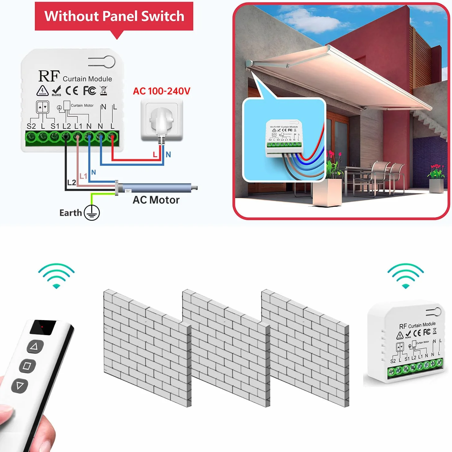 Bezprzewodowy moduł przełącznika rolet AC 220V 230V, nadajnik radiowy, zasięg 100m