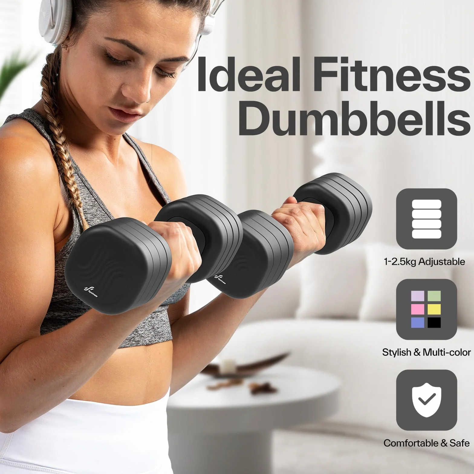Sportneer Regulowane hantle dla kobiet – krótkie hantle zestaw 2 sztuk (po 1 – 2,5 kg) z antypoślizgowym uchwytem z tworzywa TPU, regulowany zestaw hantli 4 w 1 do sprzętu fitness do domu, na siłownię