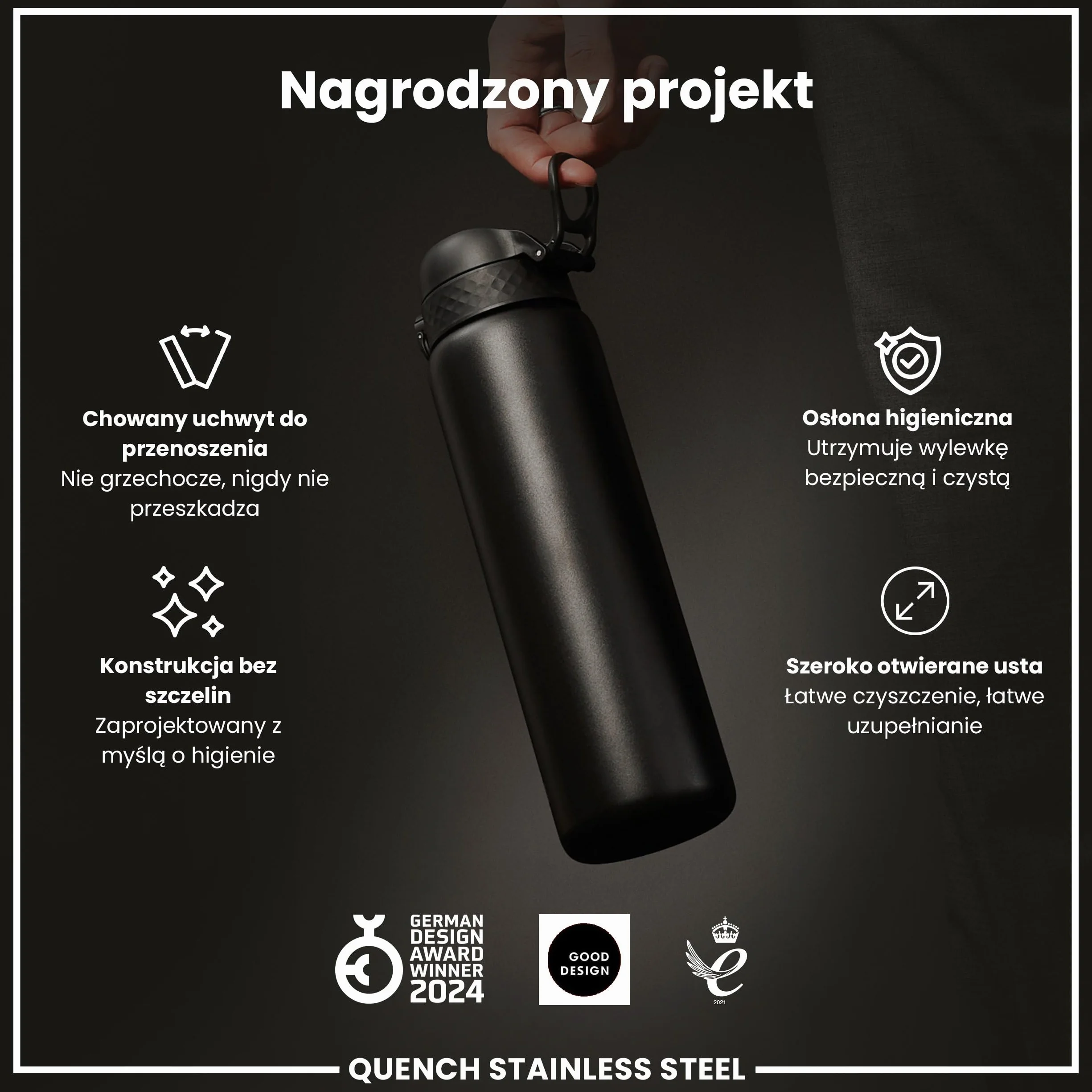 ION8 Butelka na Wodę ze Lekki Stali, 1 Litra, Nieocieplany, Szczelna, Łatwa do Otwarcia, Bezpieczne Zamykanie, Uchwyt do Noszenia, Możliwość Mycia w Zmywarce, Trwałe, Czarny