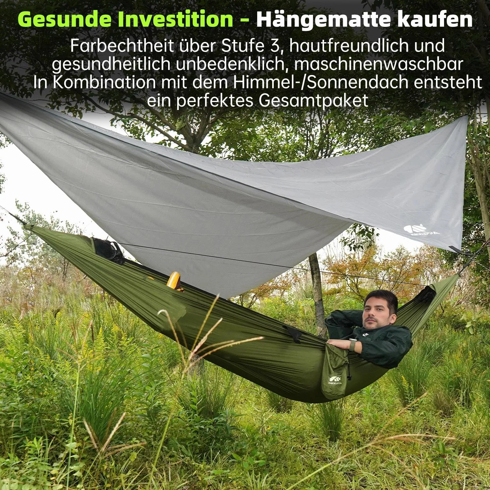 MIKKUPPA Hamak outdoorowy z moskitierą 350 kg, ultralekki, nylon spadochronowy, pasy na drzewo, zestaw
