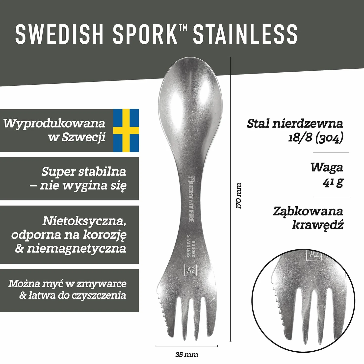 Light My Fire Sporks łyżka kempingowa ze stali nierdzewnej (18/8), niezniszczalne noże i widele, trwała i lekka metalowa łyżka, sprzęt survivalowy