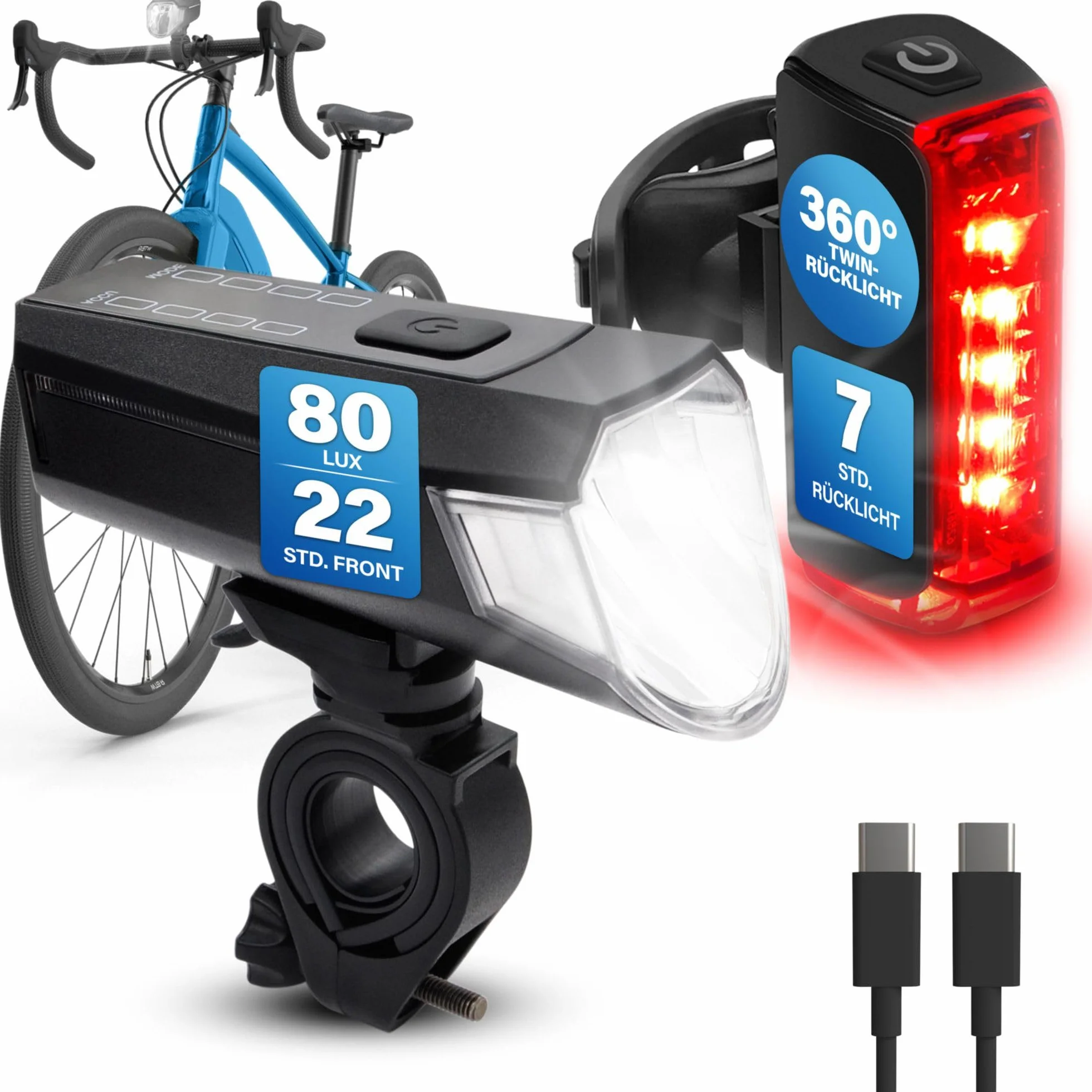 Fischer Twin zestaw świateł rowerowych, oświetlenie podłogowe 360°, lampa rowerowa LED 80 luksów, akumulator ładowany przez USB C, montaż bez użycia narzędzi z przodu i z tyłu