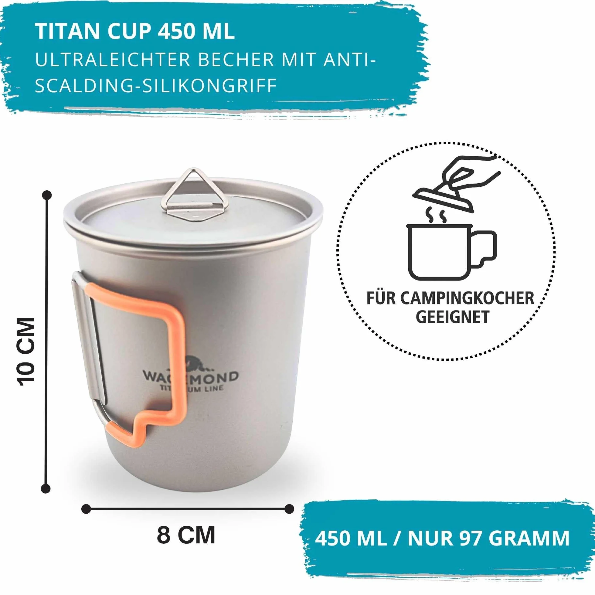 Tytanowy kubek 450 ml z uchwytem silikonowym, neutralny smakowo, bez BPA
