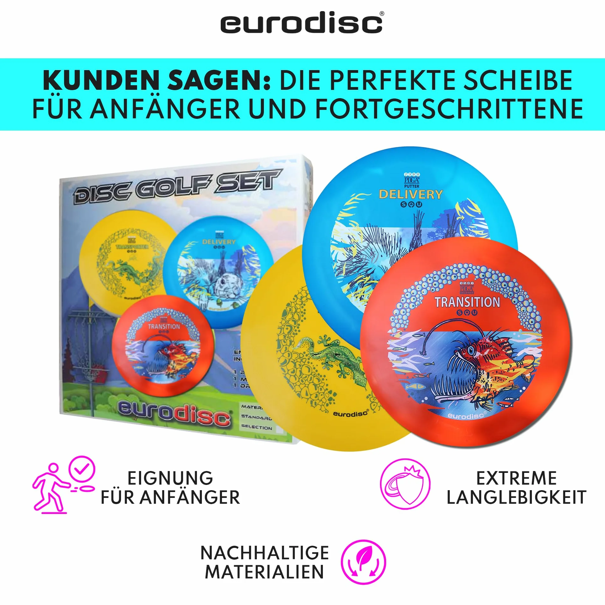 Eurodisc Disc-Golf zestaw startowy dla początkujących, Aproved, Putter Midrange Driver Disc