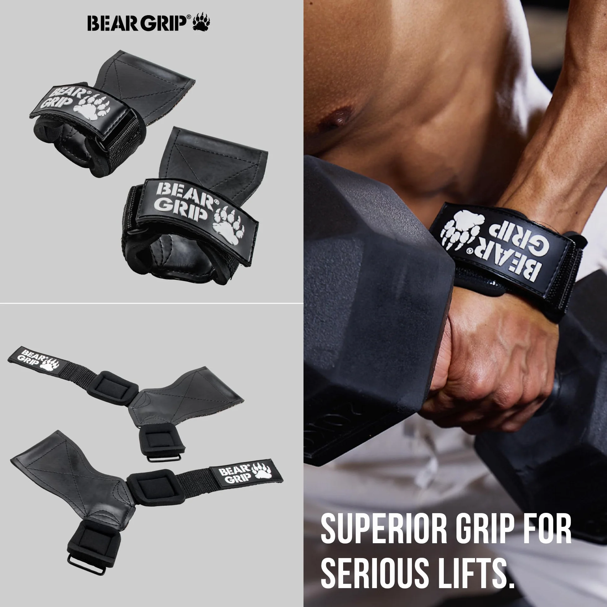 BEAR GRIP Paski/haczyki Multi Grip, wysokiej jakości wytrzymałe paski/rękawice do podnoszenia ciężarów (Standardowy gumowy)