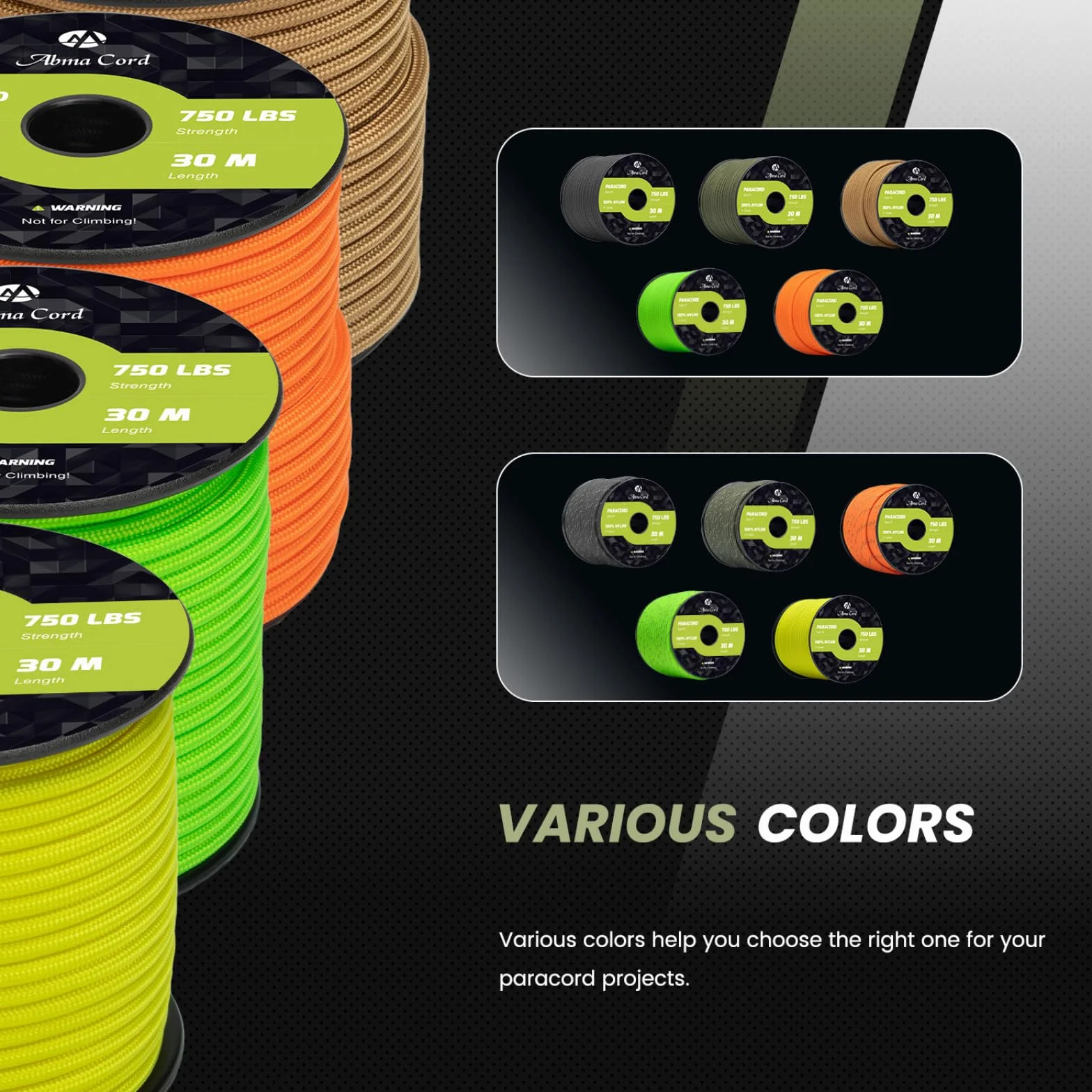 Abma Cord Paracord 750lb 4mm 30m 100% Nylonowa Sznurek Linka 11-żyłowa Typ IV do Biwakowania, Majsterkowania, Zewnątrz, Survivalowy - Max. 340kg (750lb) - Zielony wojskowy
