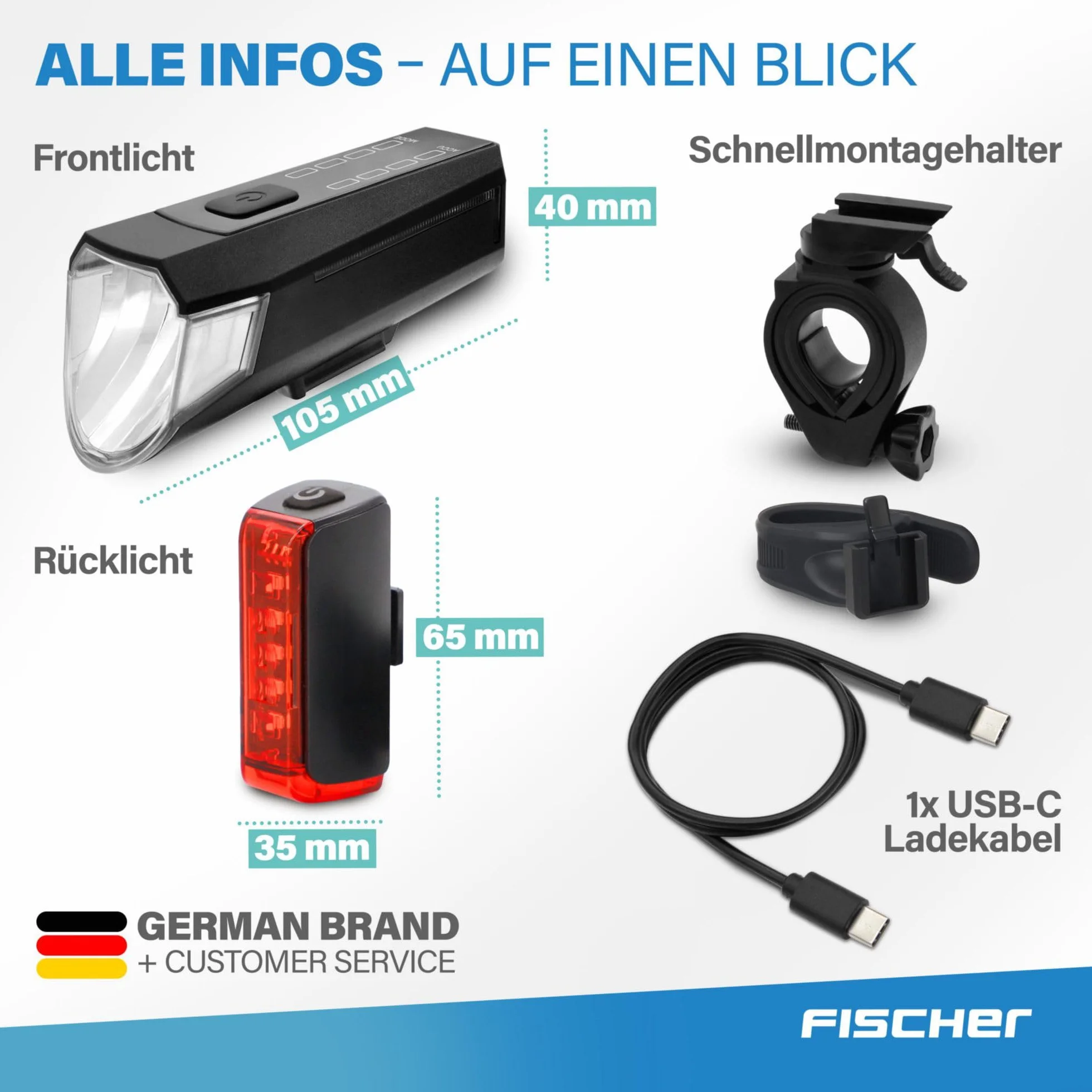 Fischer Twin zestaw świateł rowerowych, oświetlenie podłogowe 360°, lampa rowerowa LED 80 luksów, akumulator ładowany przez USB C, montaż bez użycia narzędzi z przodu i z tyłu