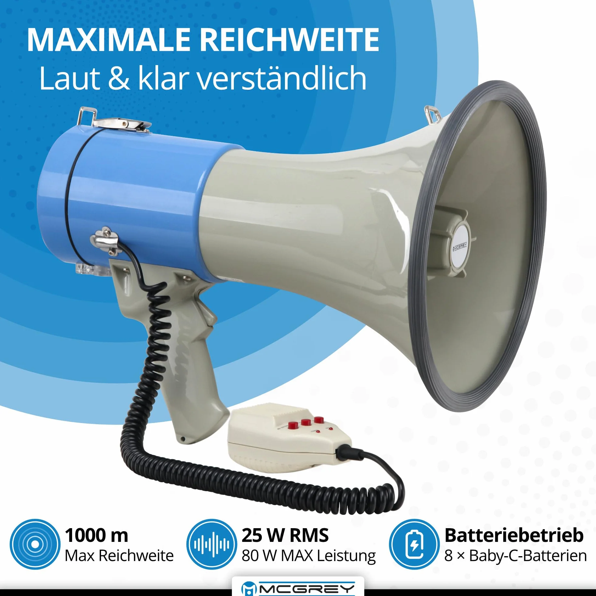 McGrey MP-800HRS megaphon (rura głosowa, 25 W RMS/80 W MAX), zasięg do 1000 m, mikrofon ręczny, syrena, gwizdek, funkcja nagrywania, odtwarzacz USB/SD/AUX-MP3 zasilany bateriami szary/niebieski