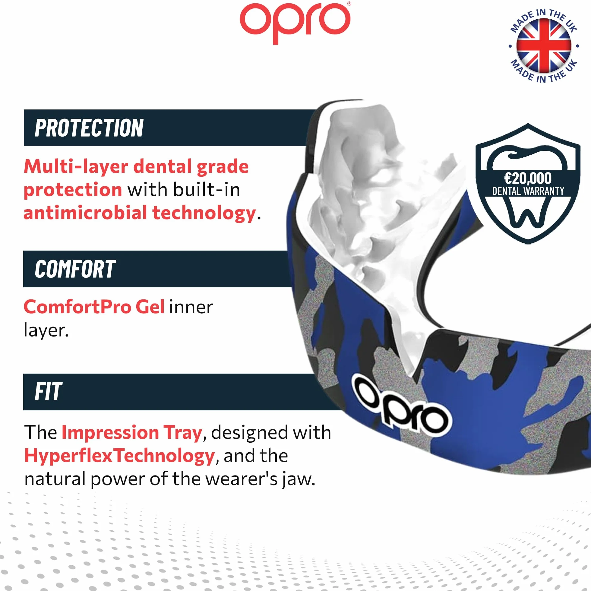 OPRO Natychmiastowa osłona na zęby dla dentysty, rewolucyjna technologia dopasowania dla najwyższego komfortu, ochrony i dopasowania, osłona dziąseł do rugby, boksu, hokeja, MMA (niebieski moro, dla