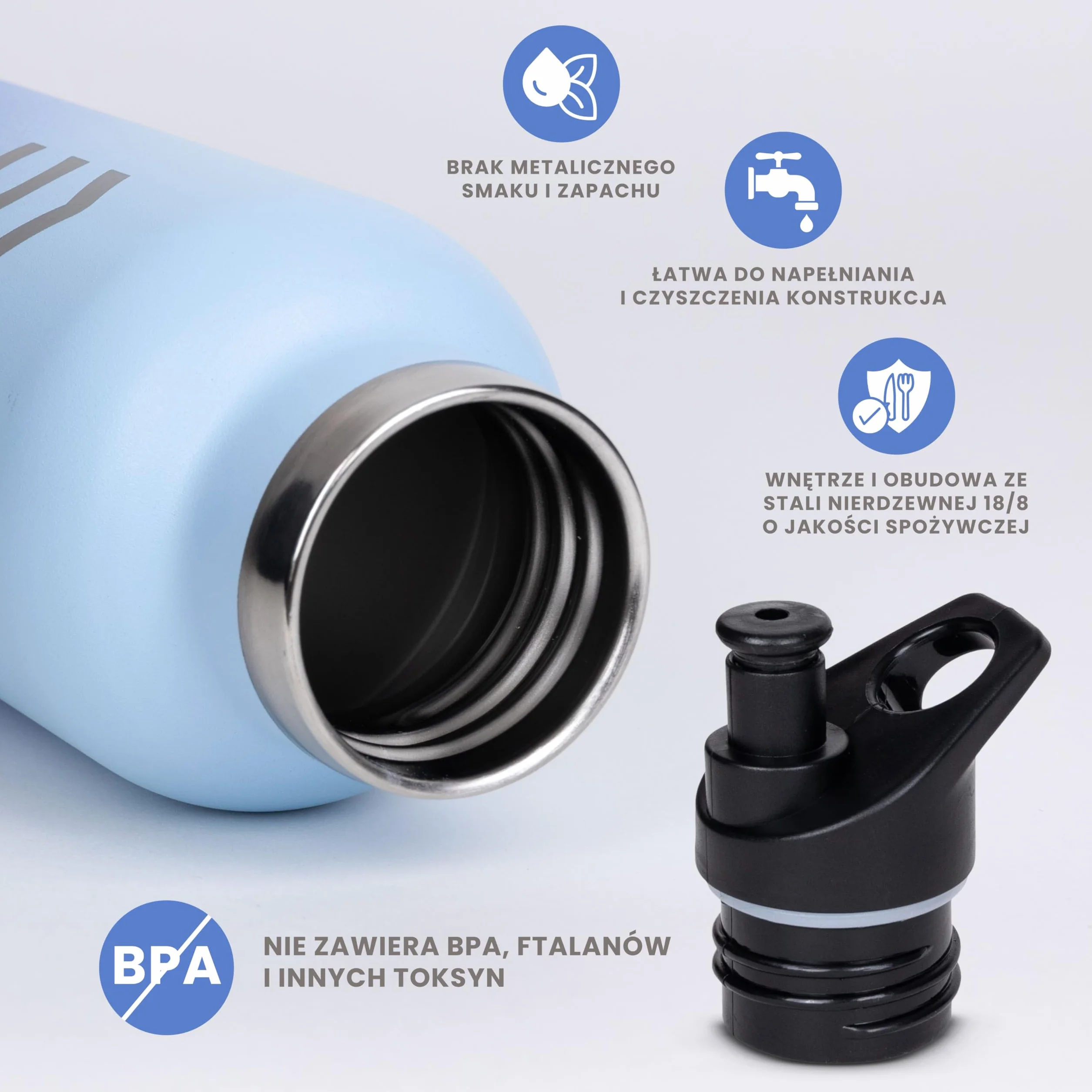 Niebieska Metalowa Butelka na Wodę 750 ml - HUIIKE | Izolowana Butelka z Rurką I 3 Nakrętkami | Stal Nierdzewna, bez BPA | Utrzymuje 12 h Ciepła I 24 h Chłodu, Szczelna I Wielokrotnego Użytku