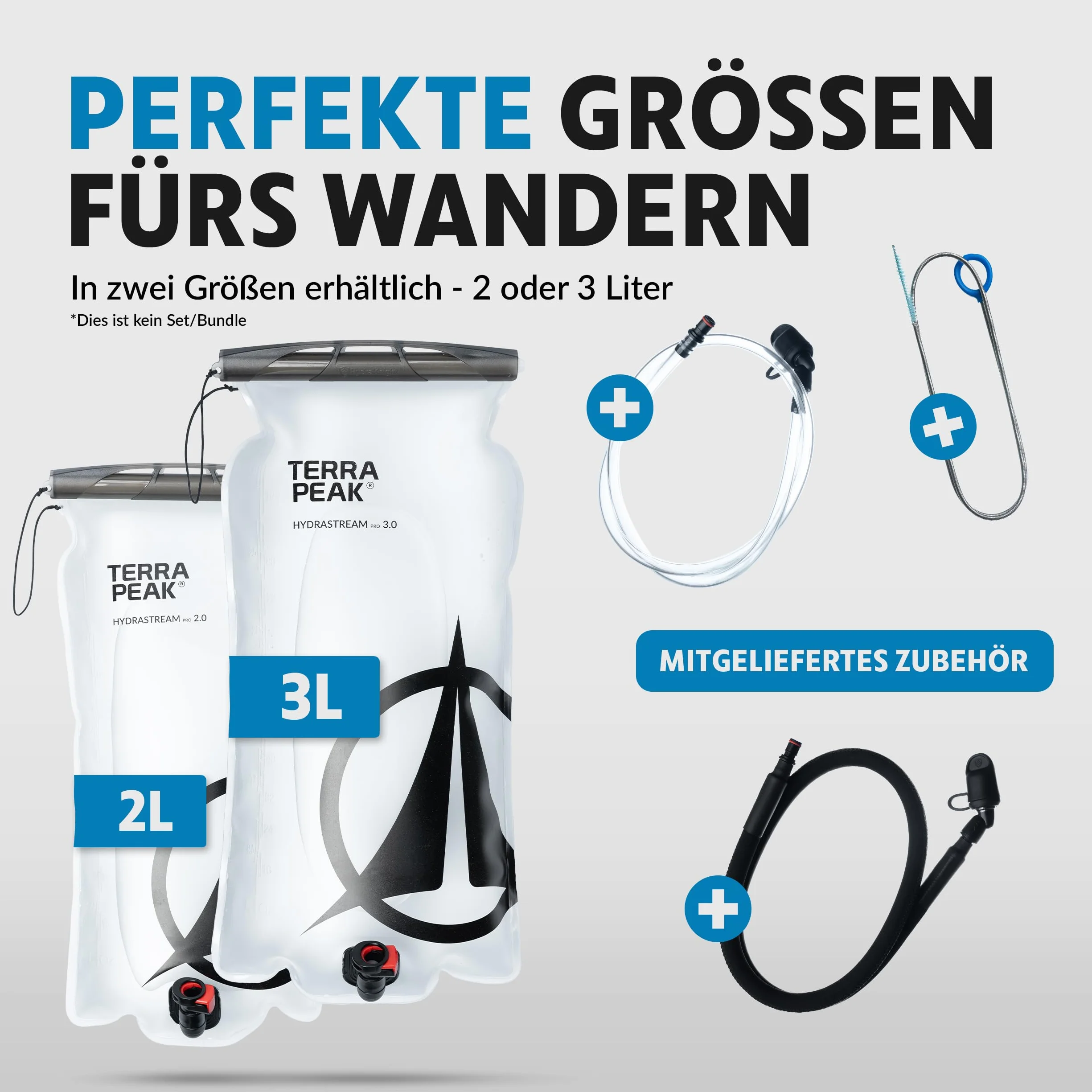 Terra Peak® Bukłak premium 2 l i 3 l z akcesoriami, lekki worek na napoje, system do plecaka, bukłak na wodę, nie zawiera BPA, do wędrówek, uniwersalnie kompatybilny z plecakiem turystycznym