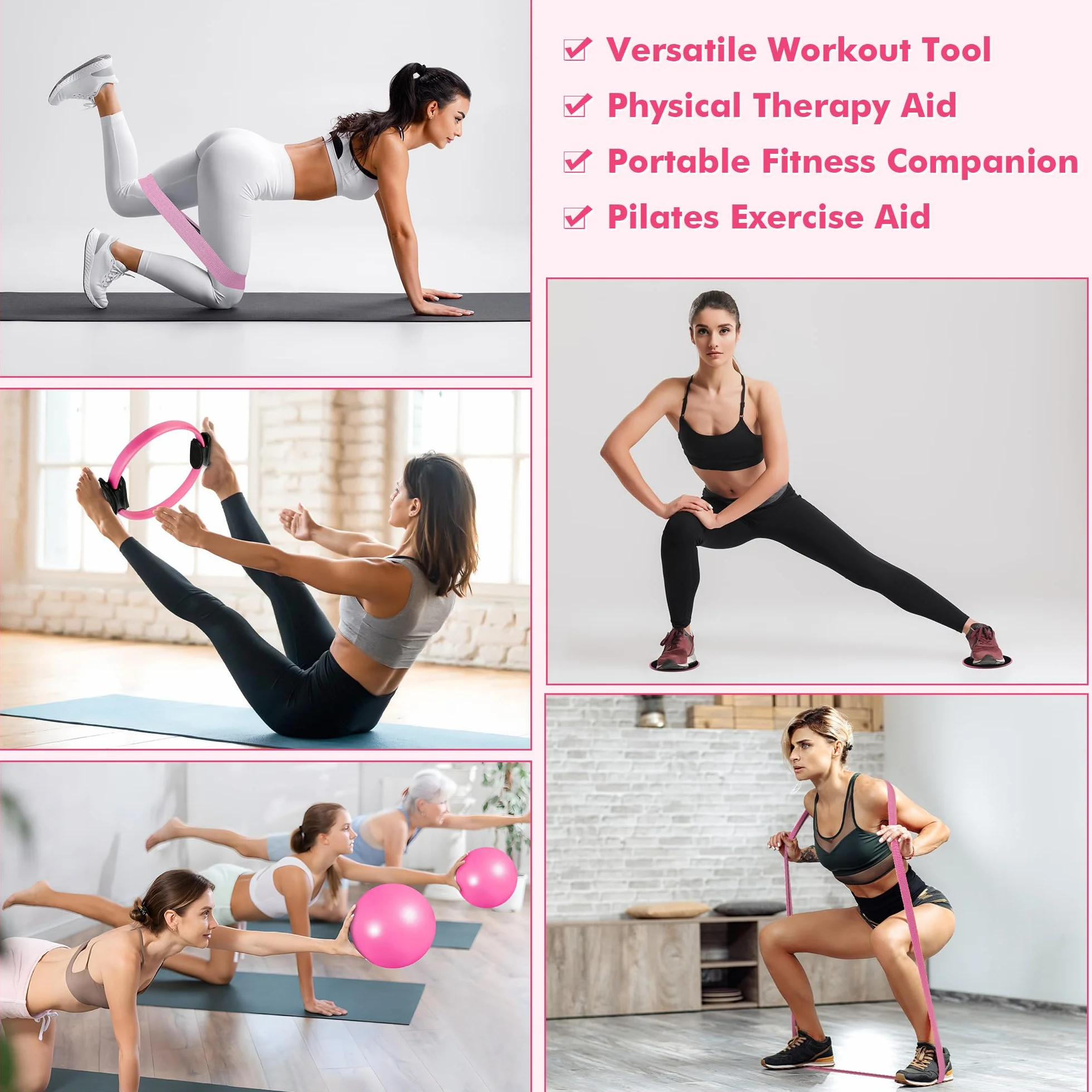 Goocrun Zestaw pierścionków do pilatesu, sprzęt do ćwiczeń z materiałowymi taśmami oporowymi, piłką do pilatesu, płytami ślizgowymi – sprzęt treningowy, do domu, na siłownię, kompletny plakat fitness