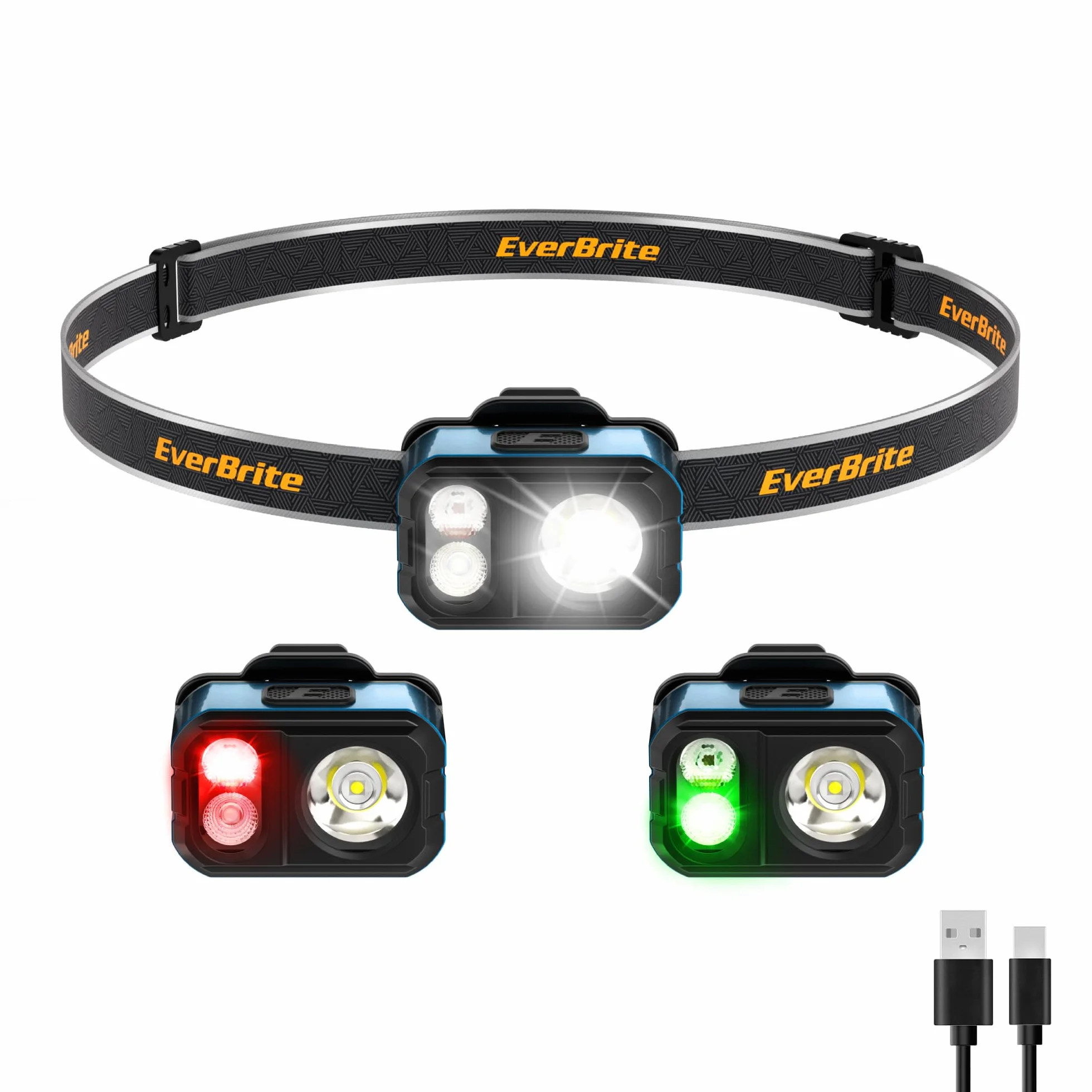 EverBrite latarka czołowa LED, ładowalna, 45g, ultra lekka, wodoszczelna (IP67), latarka na głowę z 7 trybami świecenia i klipsem, z czerwonym i zielonym światłem, mini latarka czołowa do ładowania