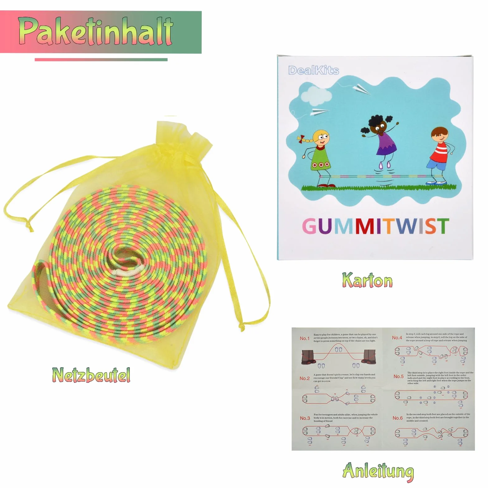 DealKits Gummitwist zestaw dla dzieci, gumowa guma twist, gumka do skakania, gumowa skakanka 4 m, z instrukcją (może nie być dostępna w języku polskim), gra ogrodowa, gra pauzowa, prezent na