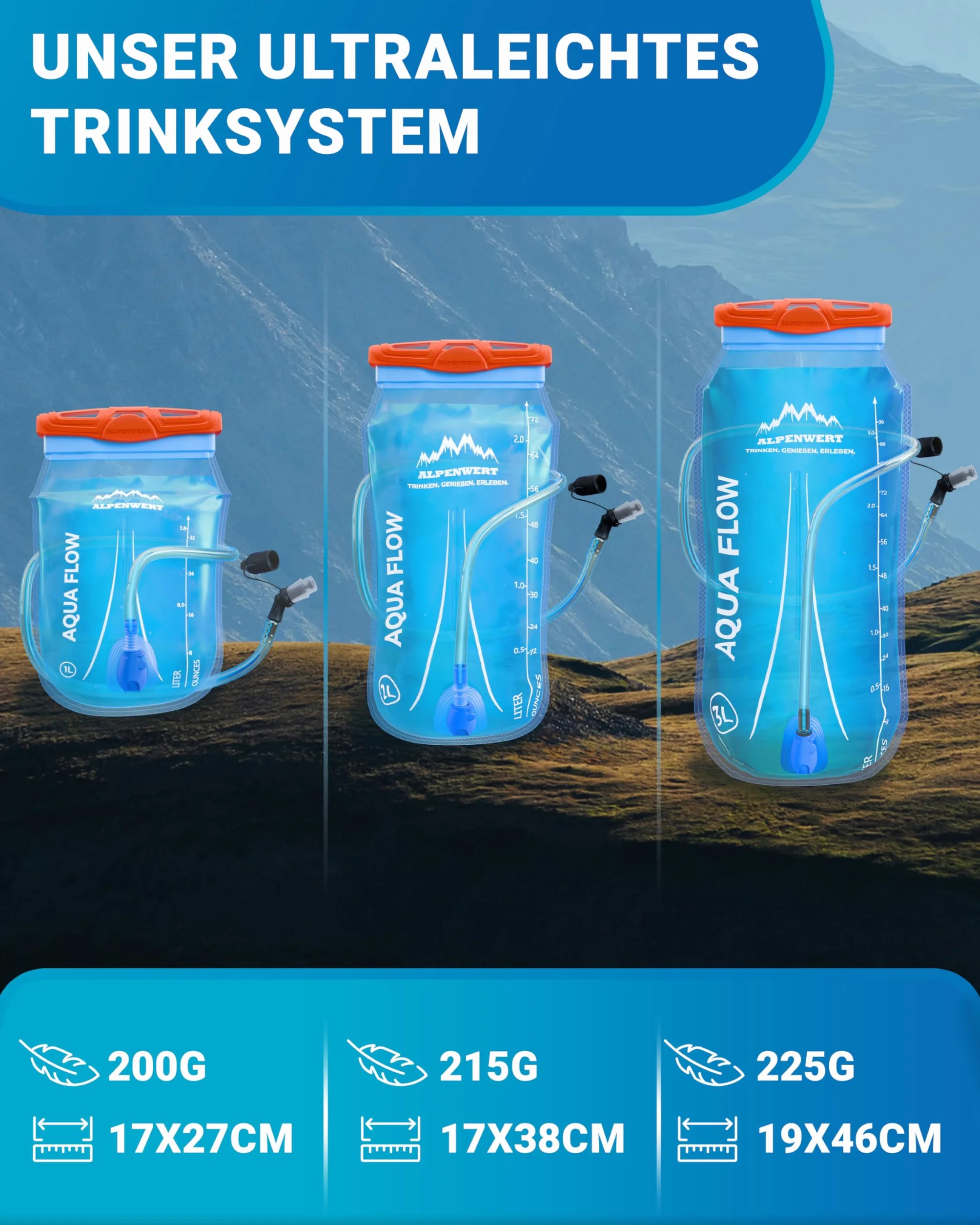 Alpenwert Bukłak do picia z wężem do picia [bukłak na wodę 1 l / 2 l / 3 l nie zawiera BPA] ultralekki system do picia do plecaka, idealny do aktywności na świeżym powietrzu, biegania, biegania w