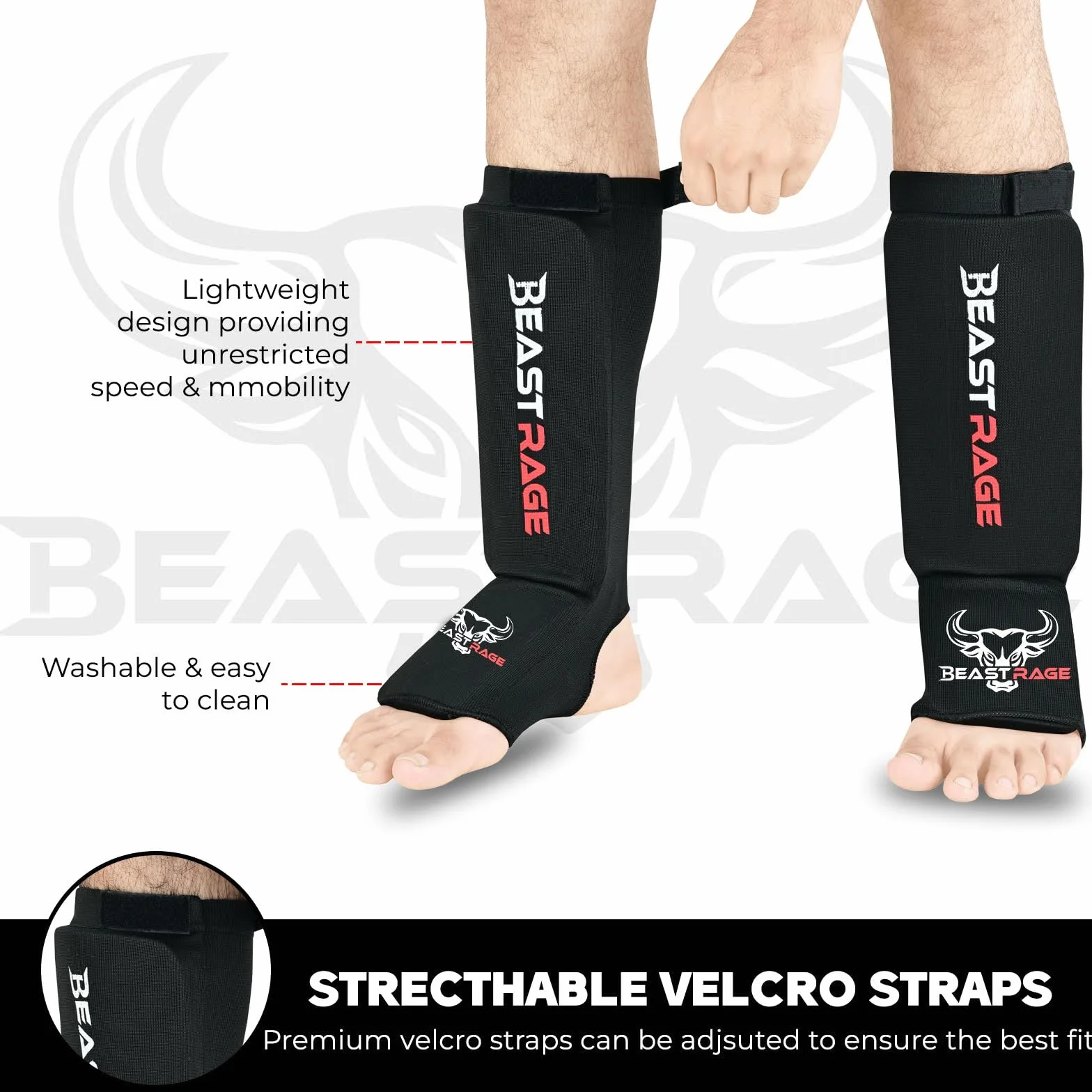 BEAST RAGE Ochraniacze goleni do Muay Thai, Kickboxingu, MMA, Taekwondo, Boksu, Elastyczne skarpety na nogi